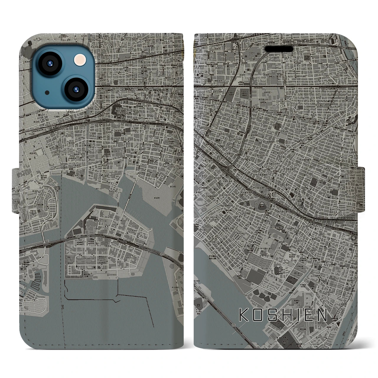 【甲子園(兵庫県)】地図柄iPhoneケース(手帳タイプ)モノトーン・iPhone 13 用