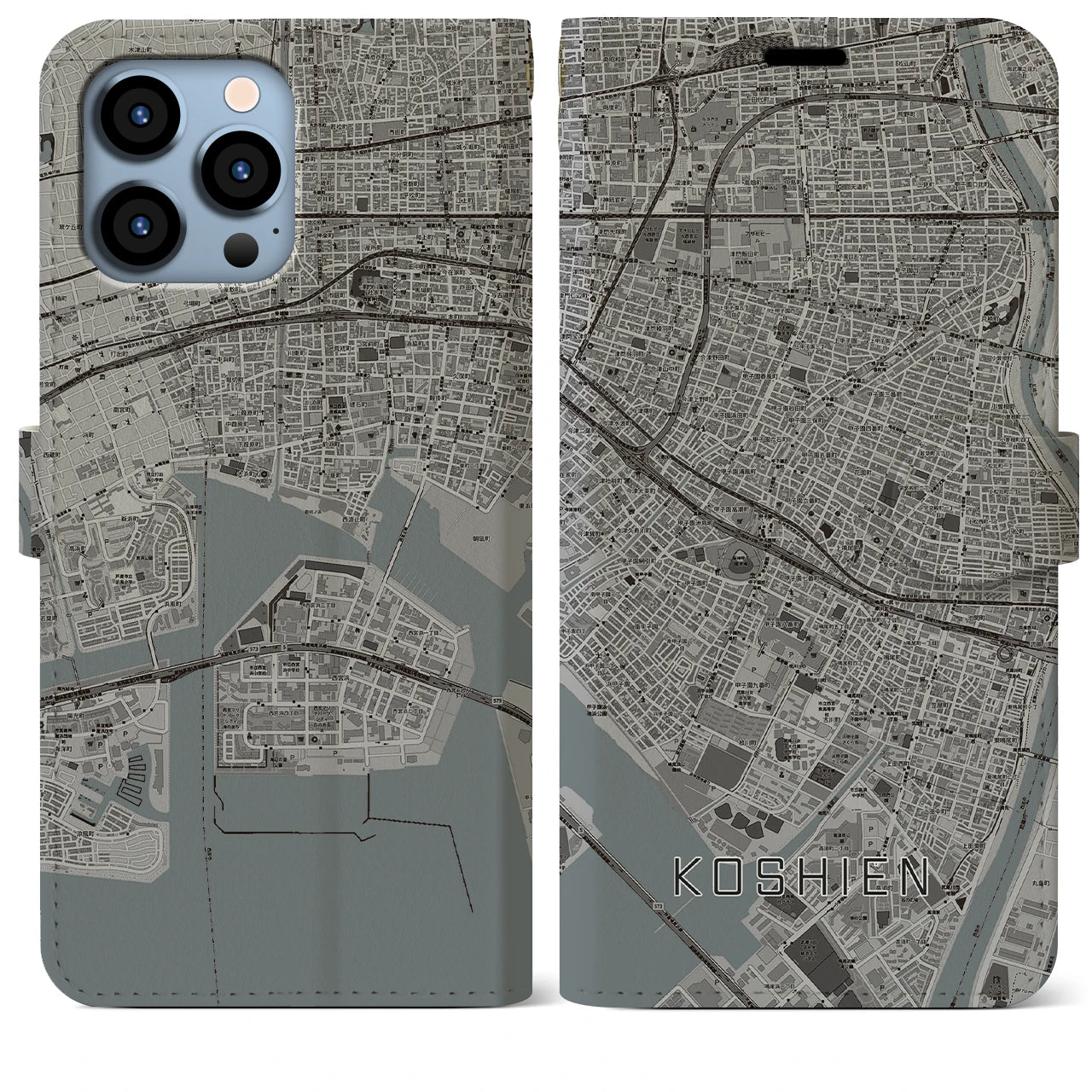 【甲子園(兵庫県)】地図柄iPhoneケース(手帳タイプ)モノトーン・iPhone 13 Pro Max 用