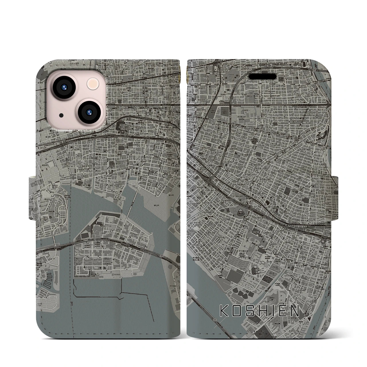 【甲子園(兵庫県)】地図柄iPhoneケース(手帳タイプ)モノトーン・iPhone 13 mini 用