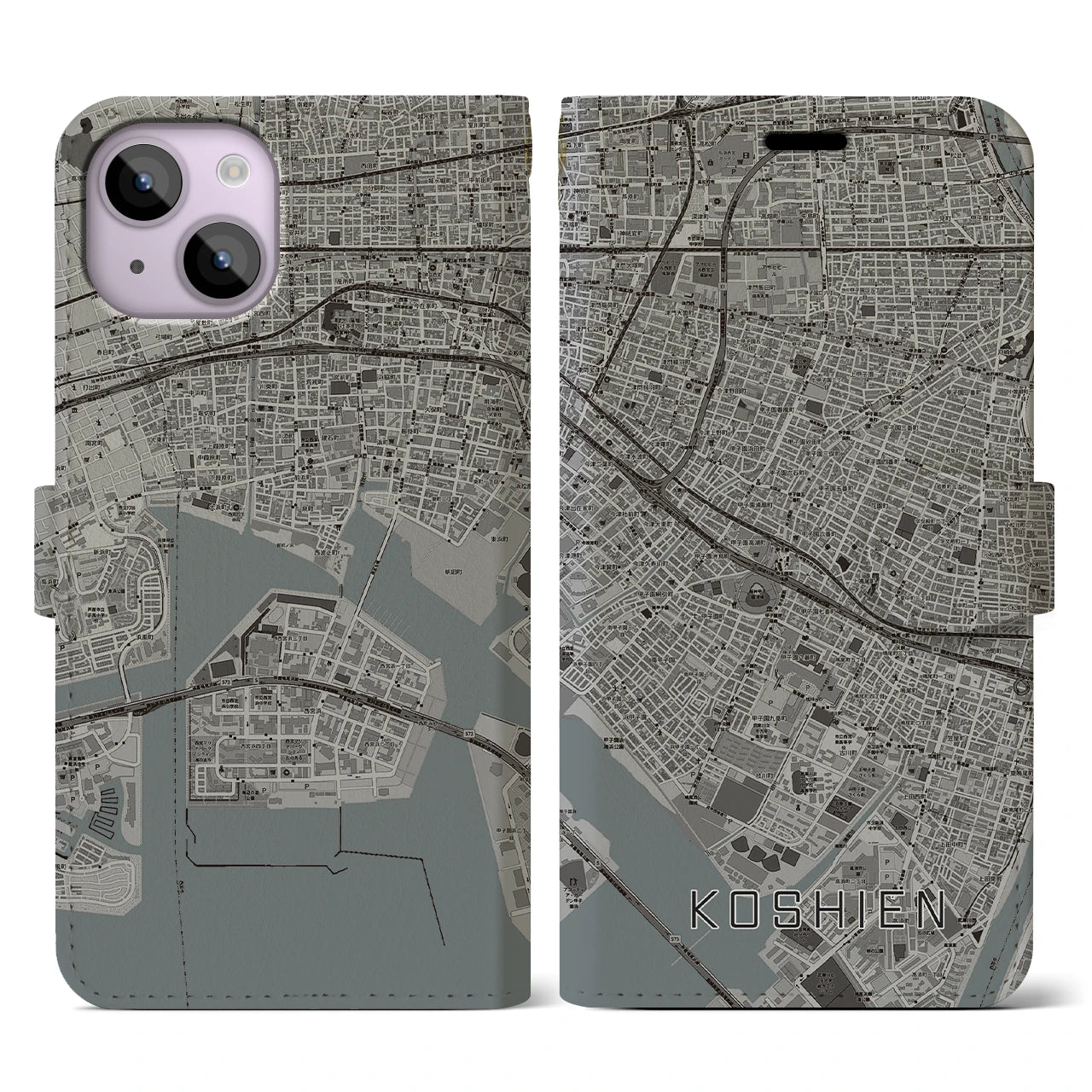 【甲子園(兵庫県)】地図柄iPhoneケース(手帳タイプ)モノトーン・iPhone 14 用