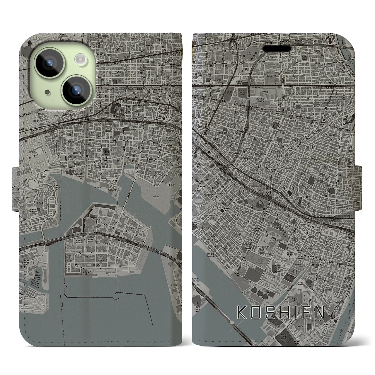 【甲子園(兵庫県)】地図柄iPhoneケース(手帳タイプ)モノトーン・iPhone 15 用