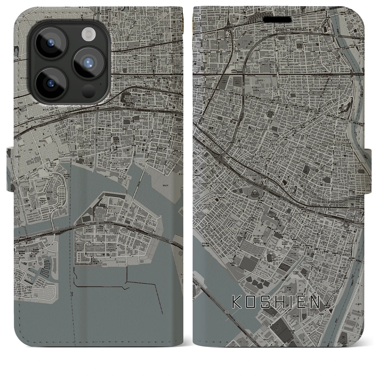 【甲子園(兵庫県)】地図柄iPhoneケース(手帳タイプ)モノトーン・iPhone 15 Pro Max 用