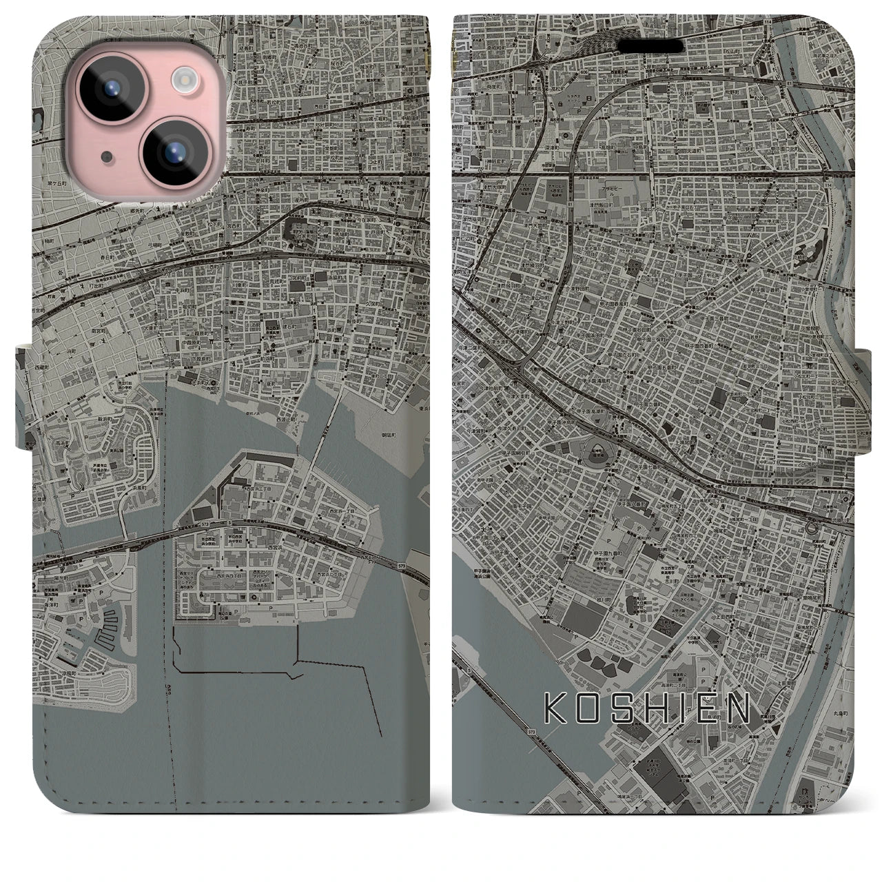 【甲子園(兵庫県)】地図柄iPhoneケース(手帳タイプ)モノトーン・iPhone 15 Plus 用