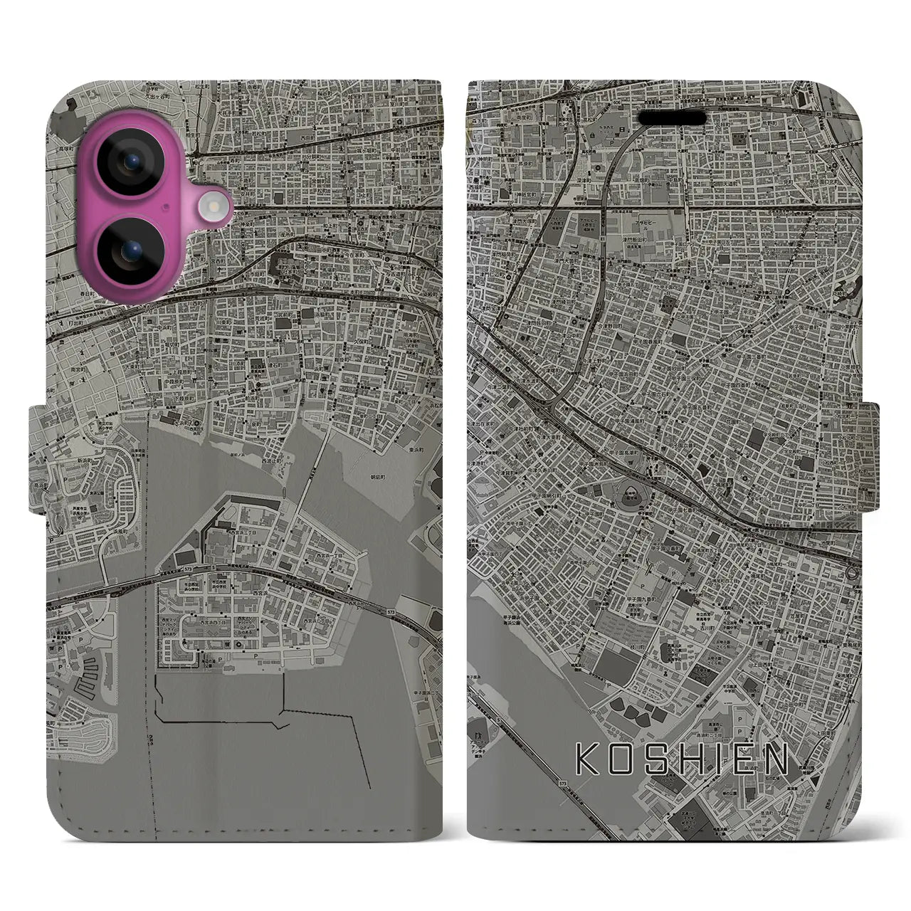 【甲子園(兵庫県)】地図柄iPhoneケース(手帳タイプ)モノトーン・iPhone 16 Pro 用