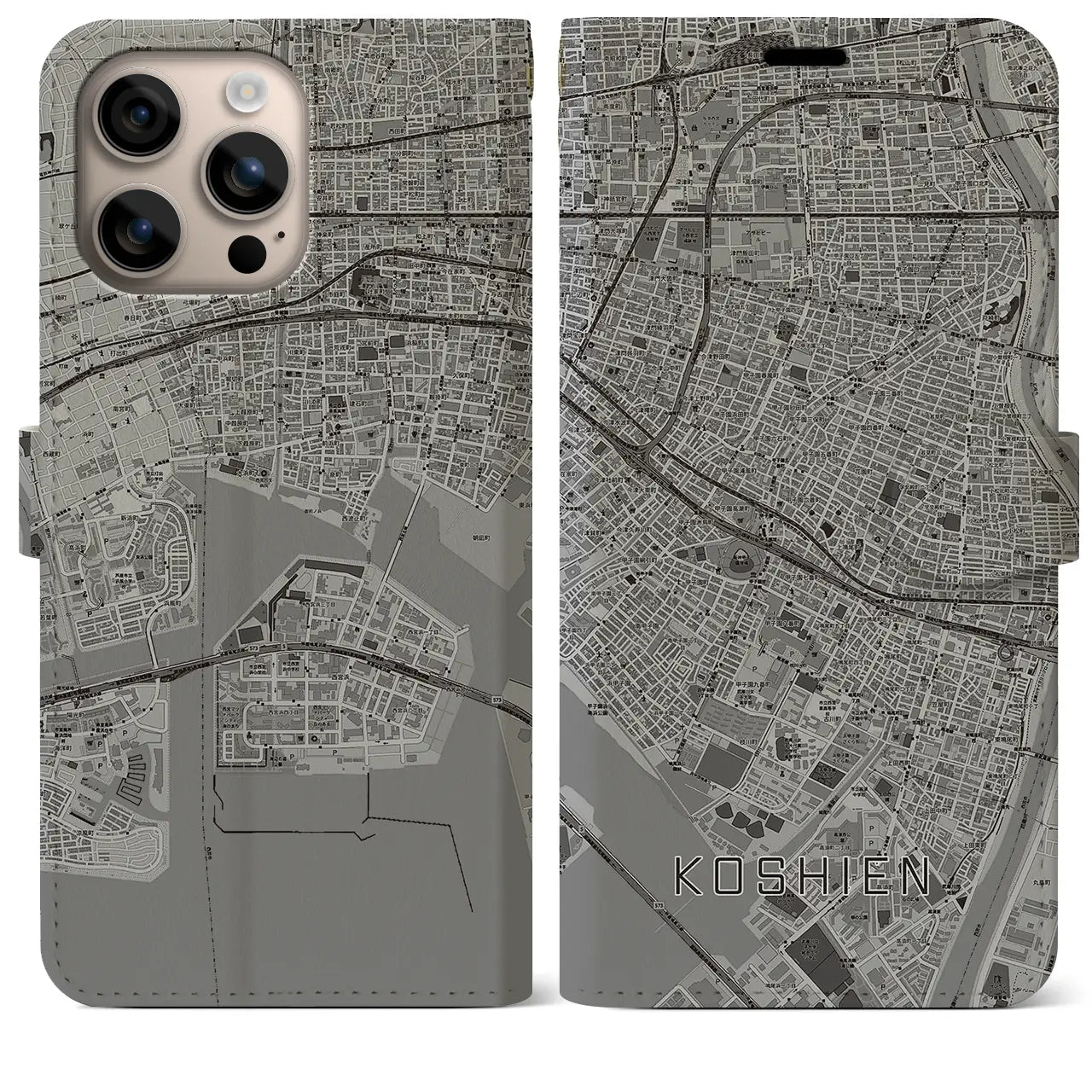 【甲子園(兵庫県)】地図柄iPhoneケース(手帳タイプ)モノトーン・iPhone 16 Plus 用