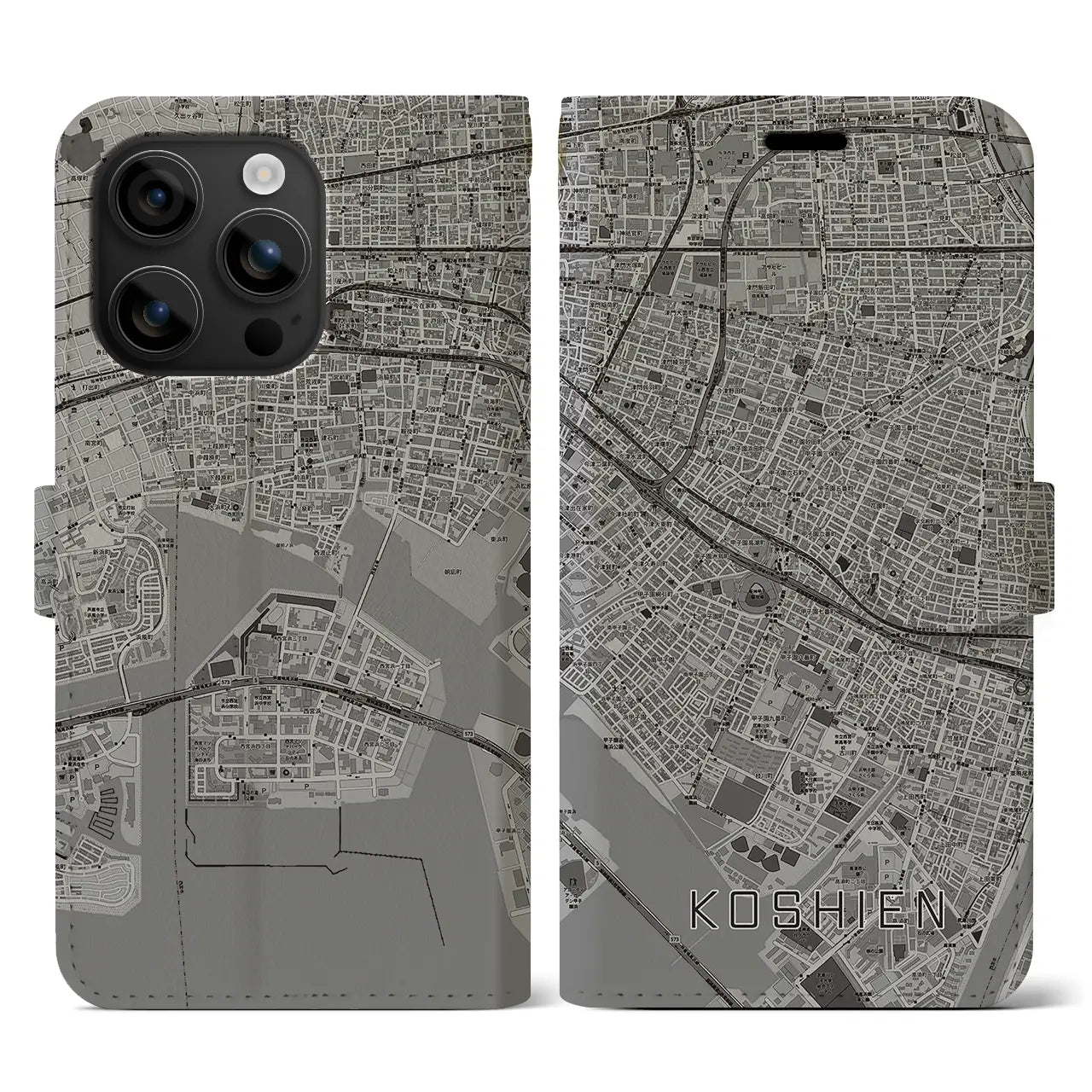 【甲子園(兵庫県)】地図柄iPhoneケース(手帳タイプ)モノトーン・iPhone 16 用