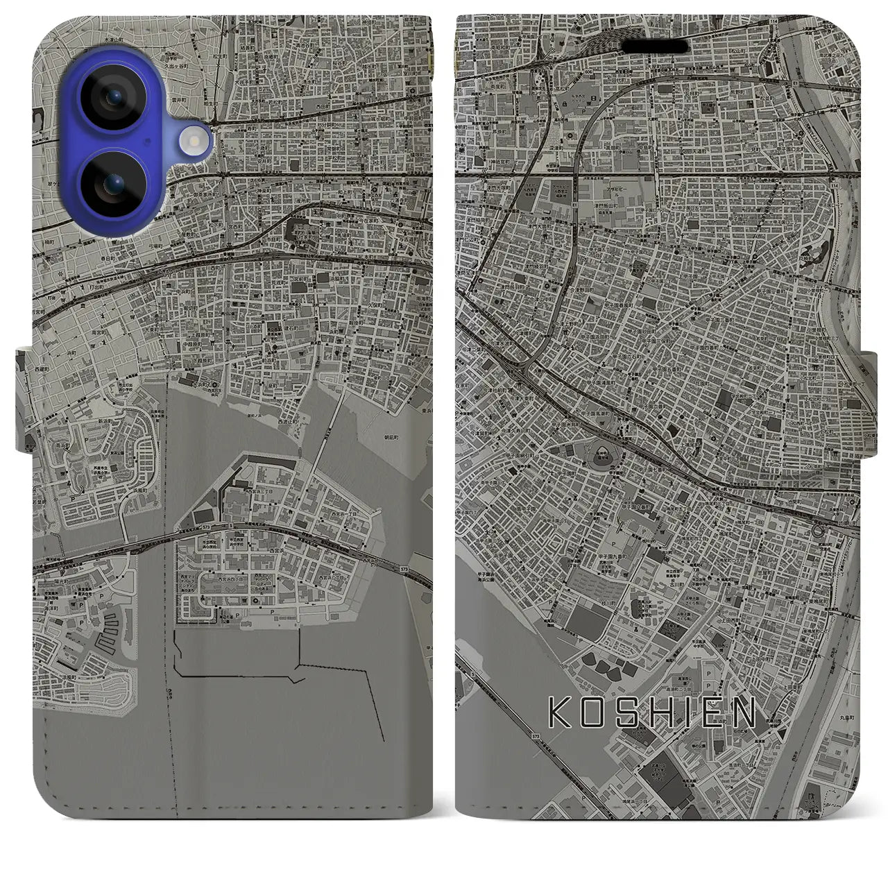 【甲子園(兵庫県)】地図柄iPhoneケース(手帳タイプ)モノトーン・iPhone 16 Pro Max 用