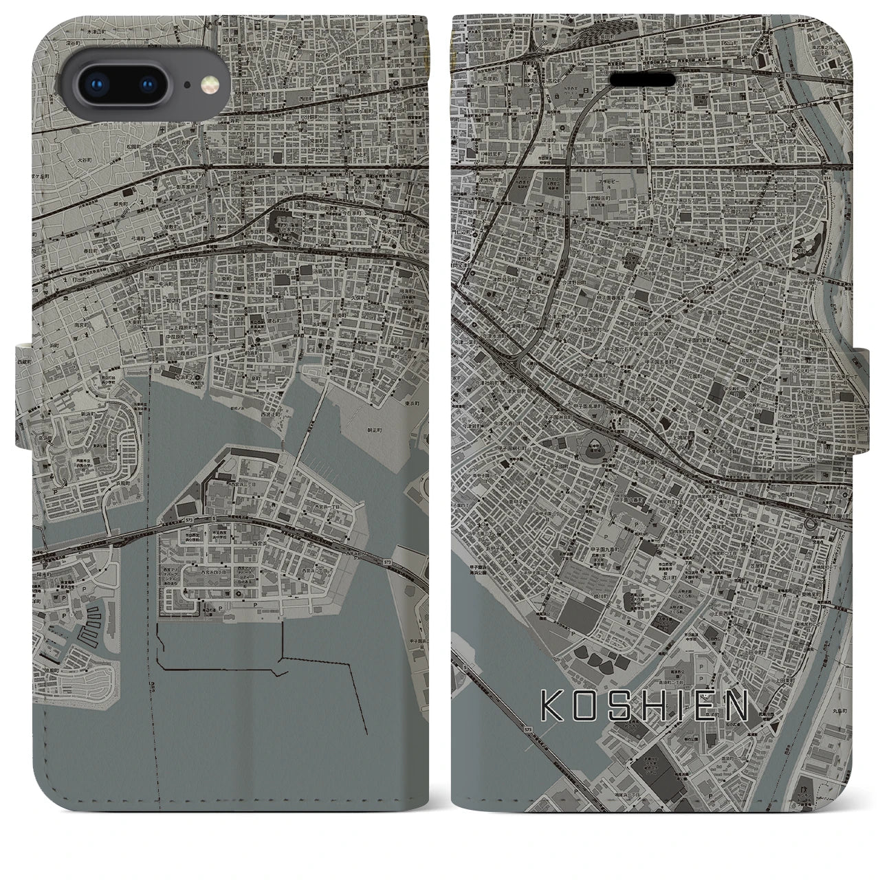 【甲子園(兵庫県)】地図柄iPhoneケース(手帳タイプ)モノトーン・iPhone 8Plus /7Plus / 6sPlus / 6Plus 用