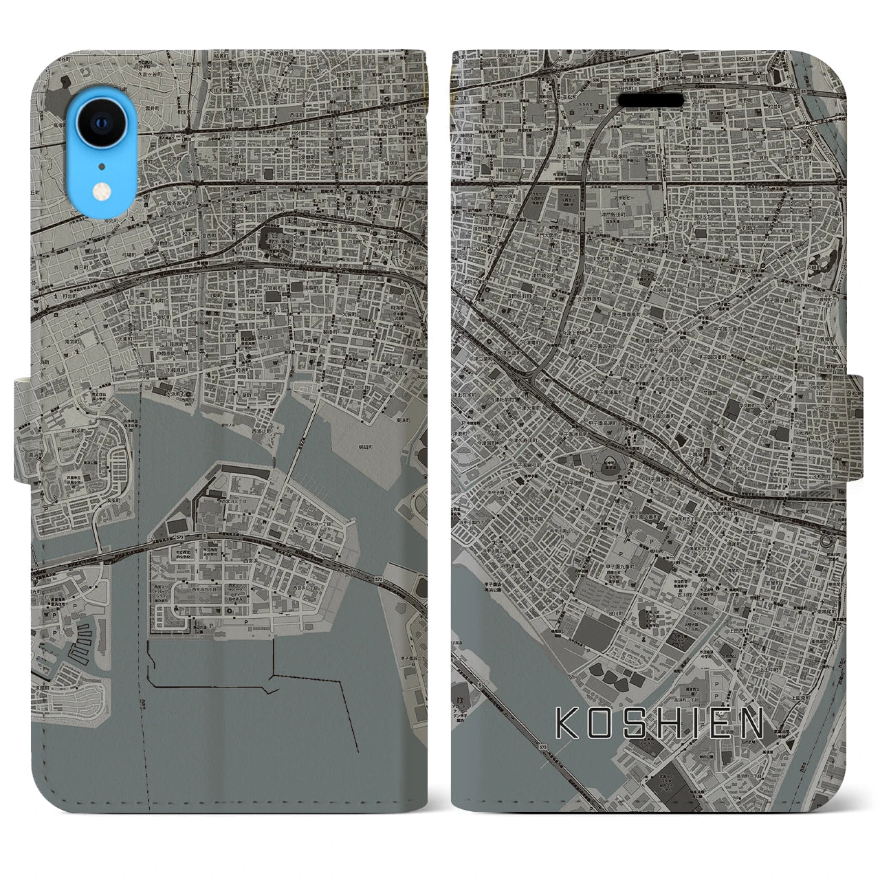 【甲子園(兵庫県)】地図柄iPhoneケース(手帳タイプ)モノトーン・iPhone XR 用