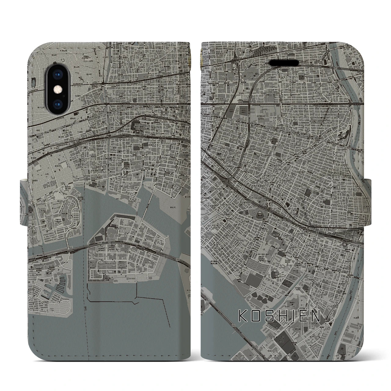 【甲子園(兵庫県)】地図柄iPhoneケース(手帳タイプ)モノトーン・iPhone XS / X 用