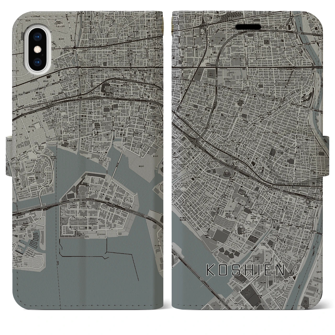 【甲子園(兵庫県)】地図柄iPhoneケース(手帳タイプ)モノトーン・iPhone XS Max 用
