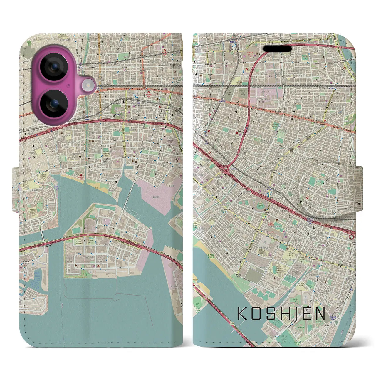 【甲子園(兵庫県)】地図柄iPhoneケース(手帳タイプ)ナチュラル・iPhone 16 Pro 用
