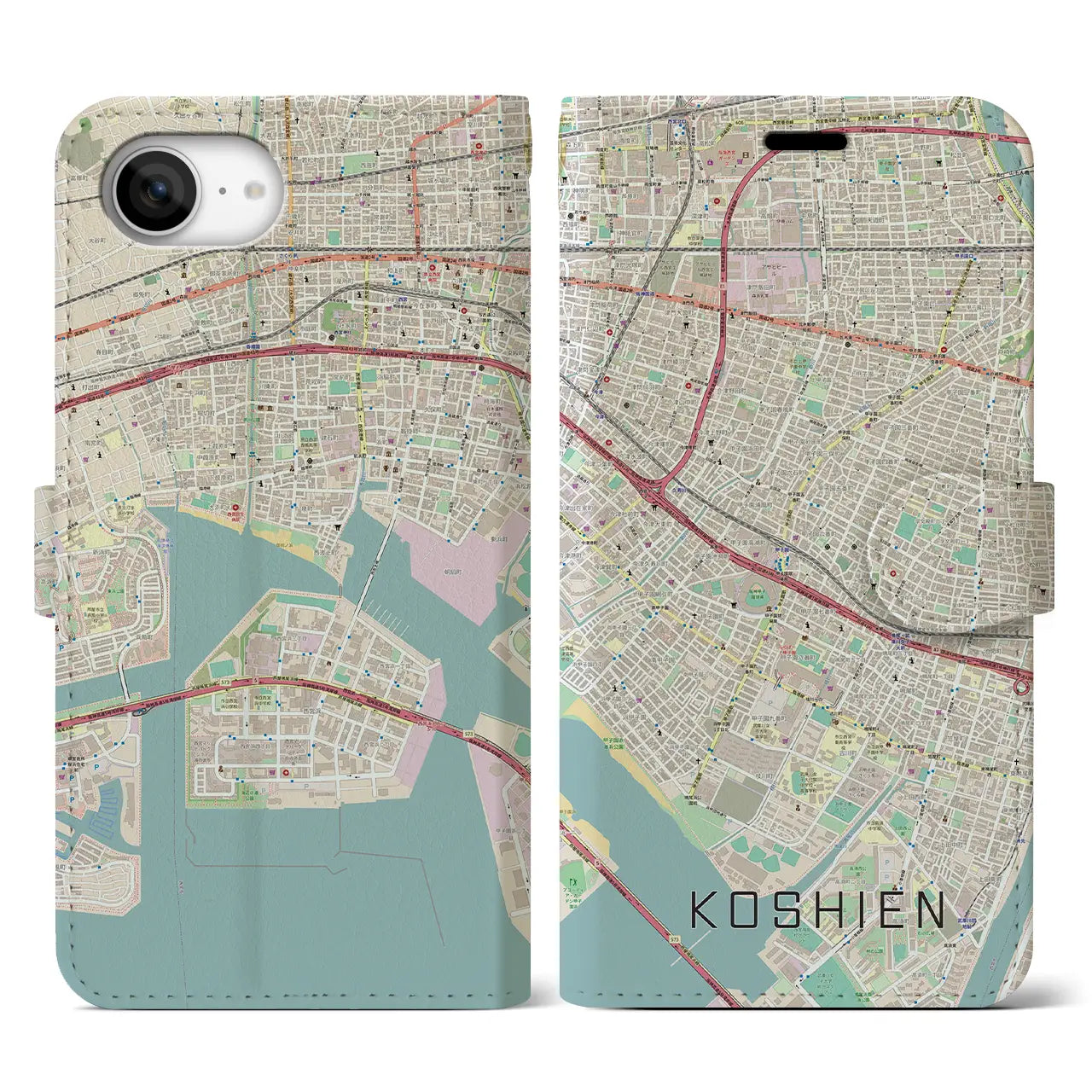 【甲子園(兵庫県)】地図柄iPhoneケース(手帳タイプ)