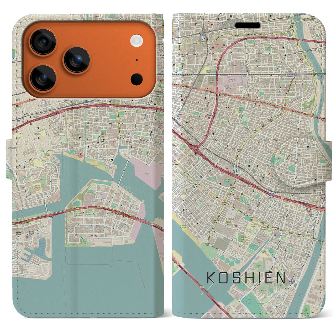 【甲子園(兵庫県)】地図柄iPhoneケース(手帳タイプ)