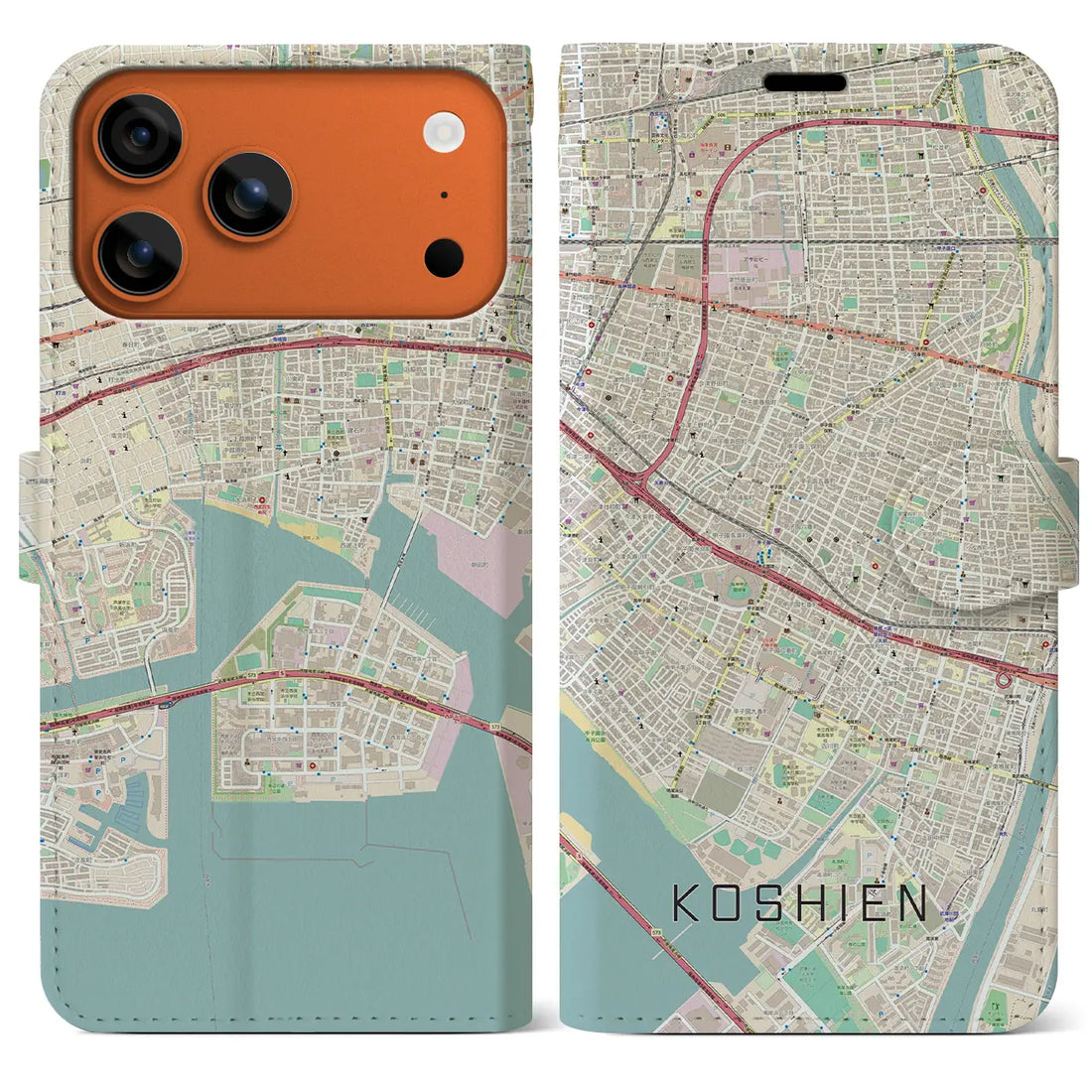 【甲子園(兵庫県)】地図柄iPhoneケース(手帳タイプ)ナチュラル・iPhone 17 Pro Max 用