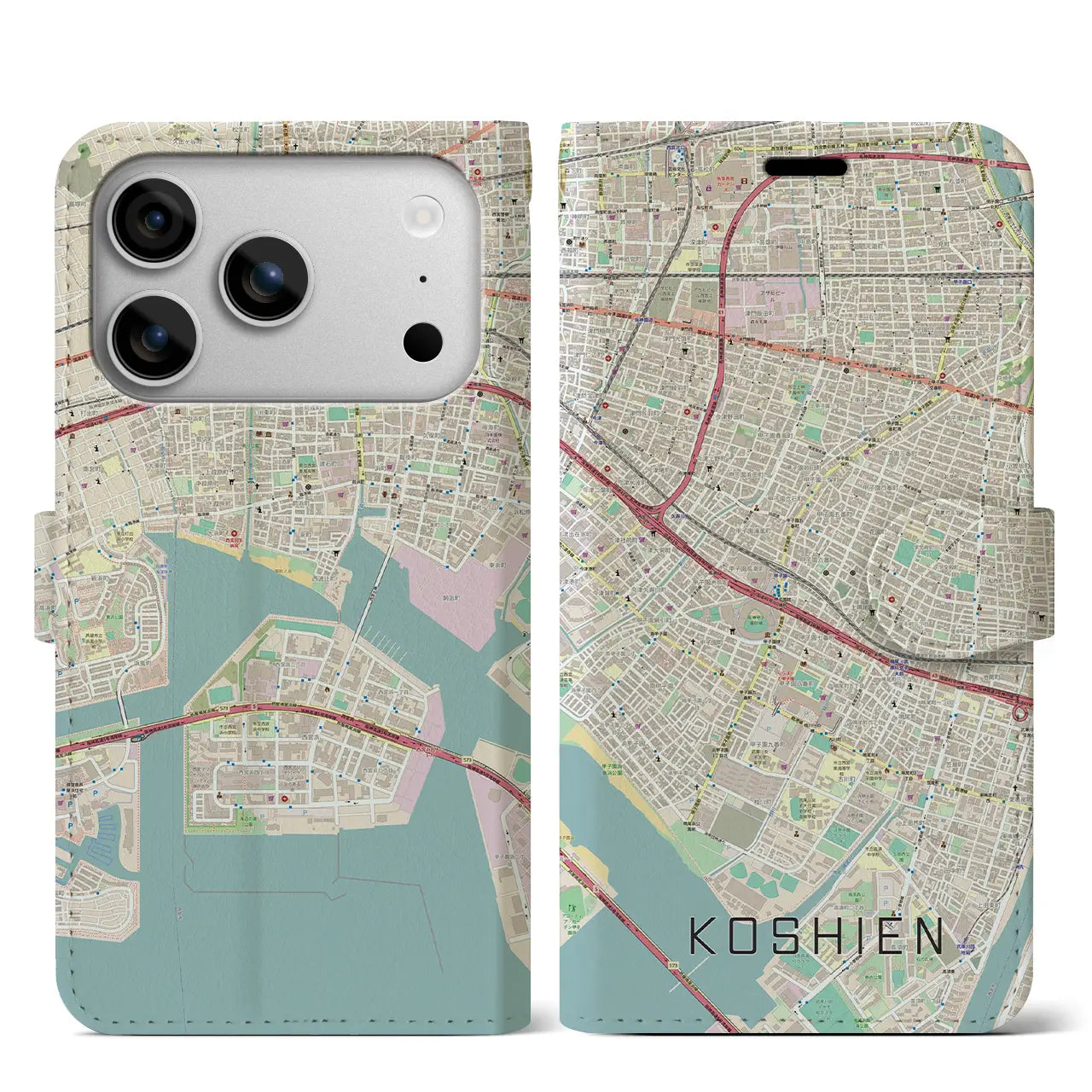 【甲子園(兵庫県)】地図柄iPhoneケース(手帳タイプ)