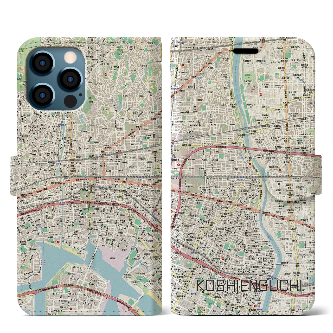 【甲子園口(兵庫県)】地図柄iPhoneケース(手帳タイプ)