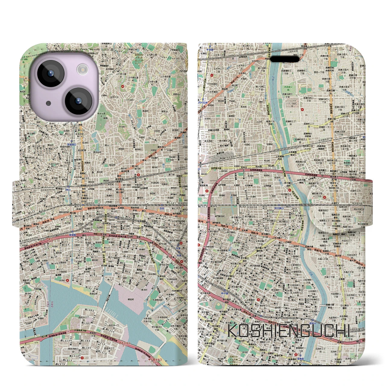 【甲子園口(兵庫県)】地図柄iPhoneケース(手帳タイプ)
