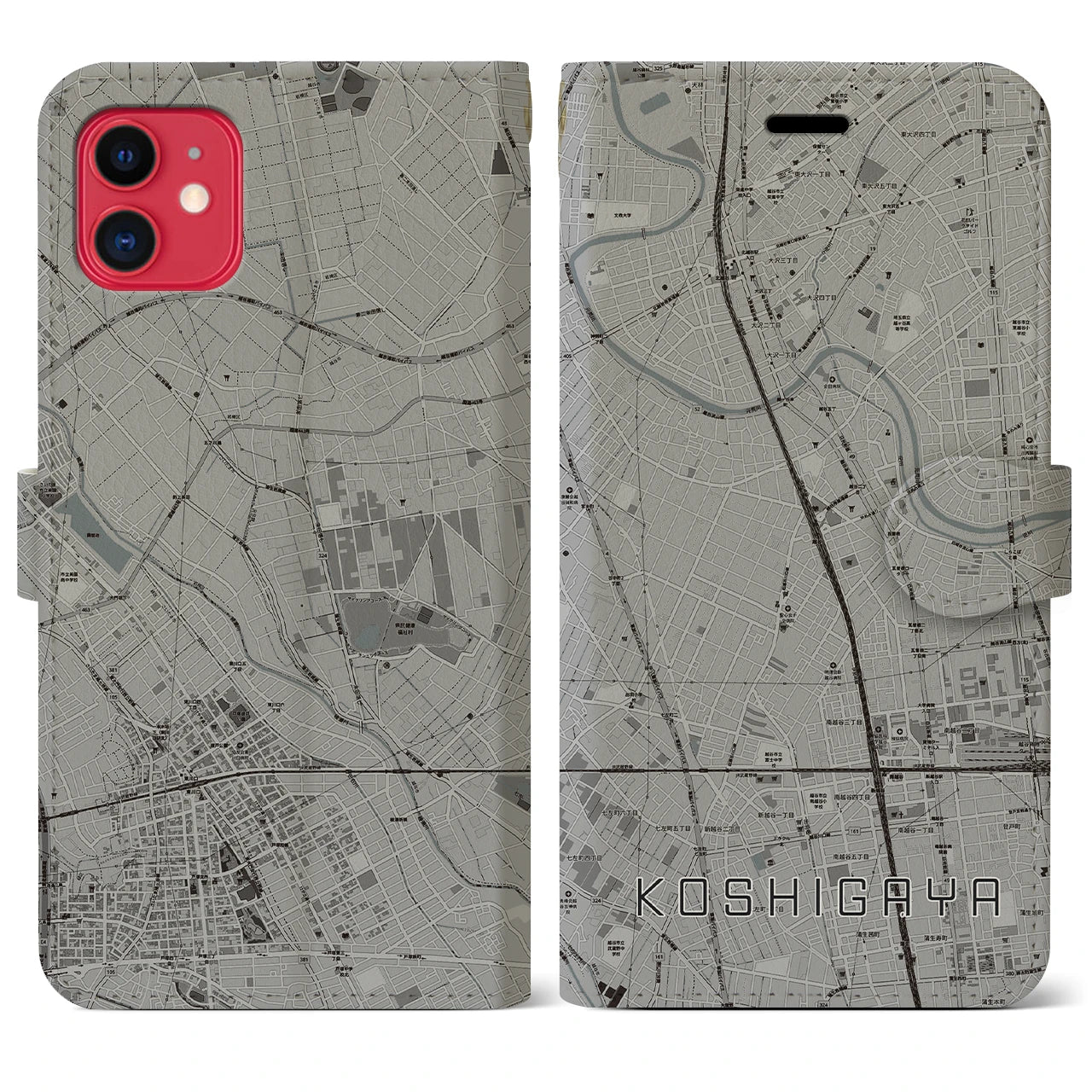 【越谷(埼玉県)】地図柄iPhoneケース(手帳タイプ)モノトーン・iPhone 11 用