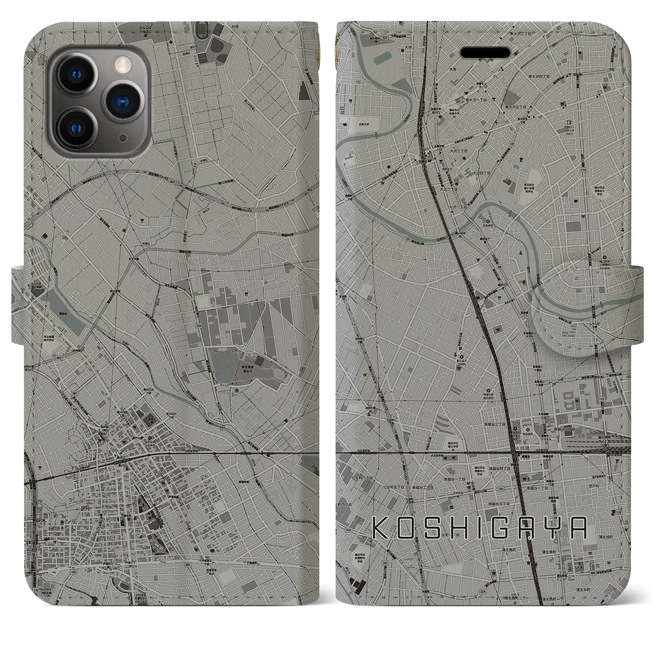 【越谷(埼玉県)】地図柄iPhoneケース(手帳タイプ)モノトーン・iPhone 11 Pro Max 用
