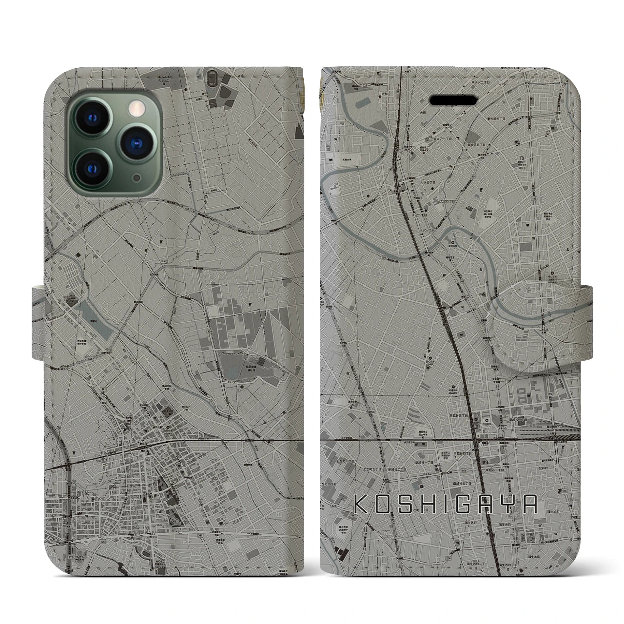 【越谷(埼玉県)】地図柄iPhoneケース(手帳タイプ)モノトーン・iPhone 11 Pro 用