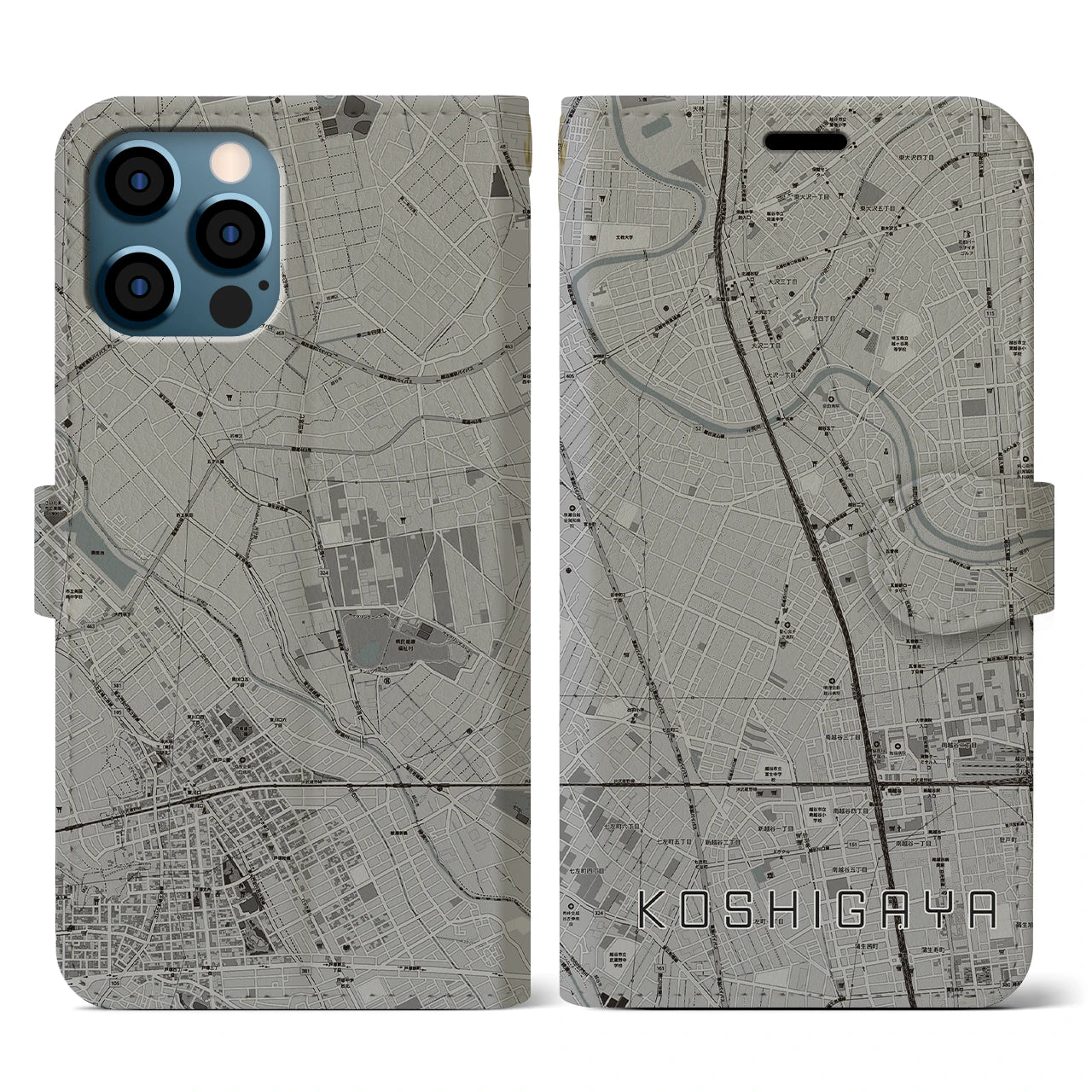【越谷(埼玉県)】地図柄iPhoneケース(手帳タイプ)モノトーン・iPhone 12 / 12 Pro 用