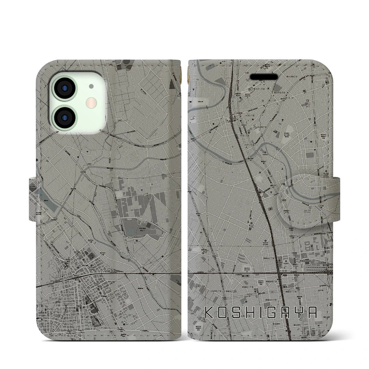 【越谷(埼玉県)】地図柄iPhoneケース(手帳タイプ)モノトーン・iPhone 12 mini 用