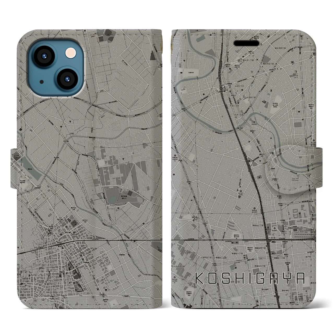 【越谷(埼玉県)】地図柄iPhoneケース(手帳タイプ)モノトーン・iPhone 13 用
