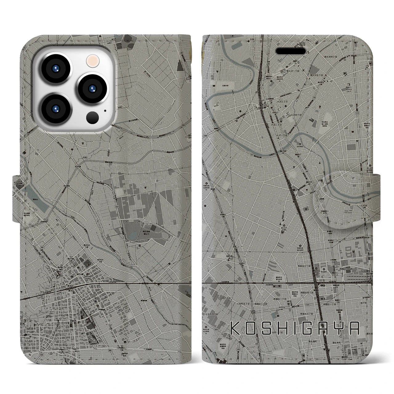 【越谷(埼玉県)】地図柄iPhoneケース(手帳タイプ)モノトーン・iPhone 13 Pro 用