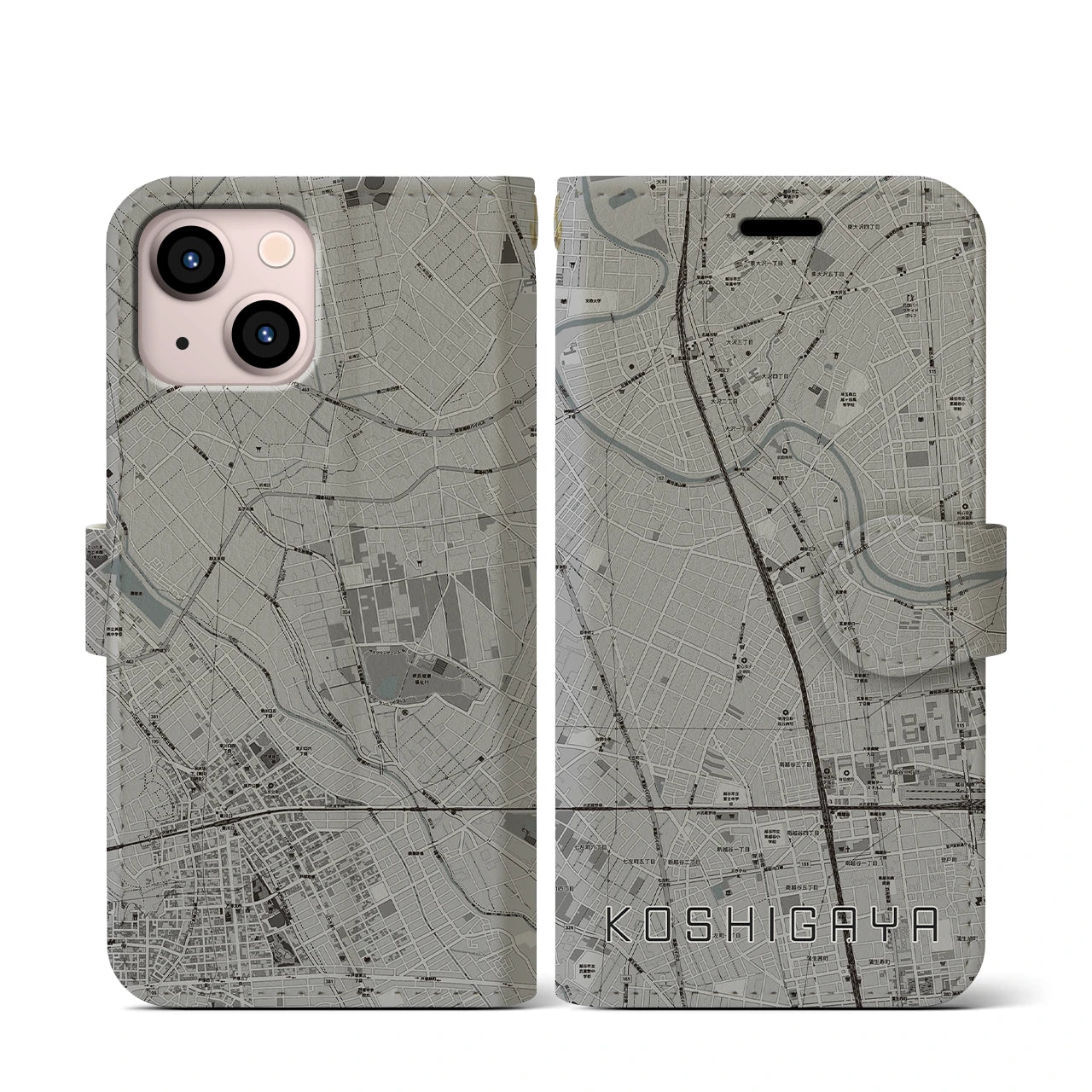 【越谷(埼玉県)】地図柄iPhoneケース(手帳タイプ)モノトーン・iPhone 13 mini 用