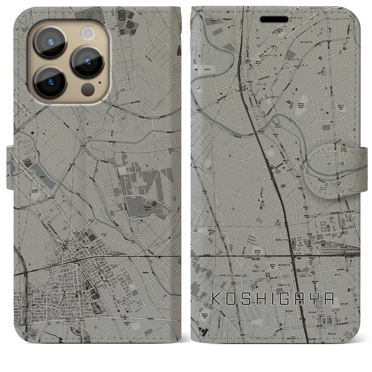 【越谷(埼玉県)】地図柄iPhoneケース(手帳タイプ)モノトーン・iPhone 14 Pro Max 用
