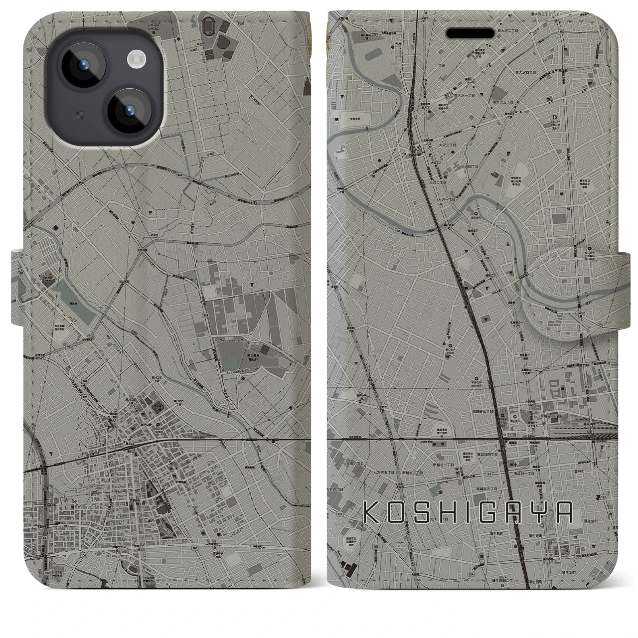 【越谷(埼玉県)】地図柄iPhoneケース(手帳タイプ)モノトーン・iPhone 14 Plus 用
