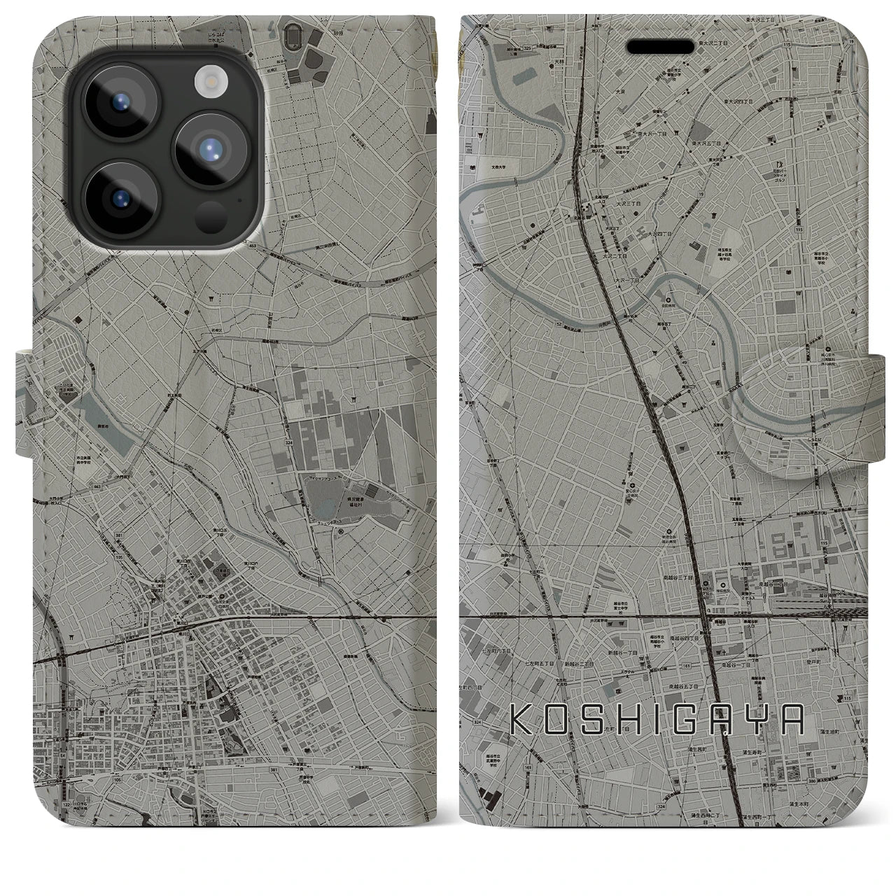 【越谷(埼玉県)】地図柄iPhoneケース(手帳タイプ)モノトーン・iPhone 15 Pro Max 用