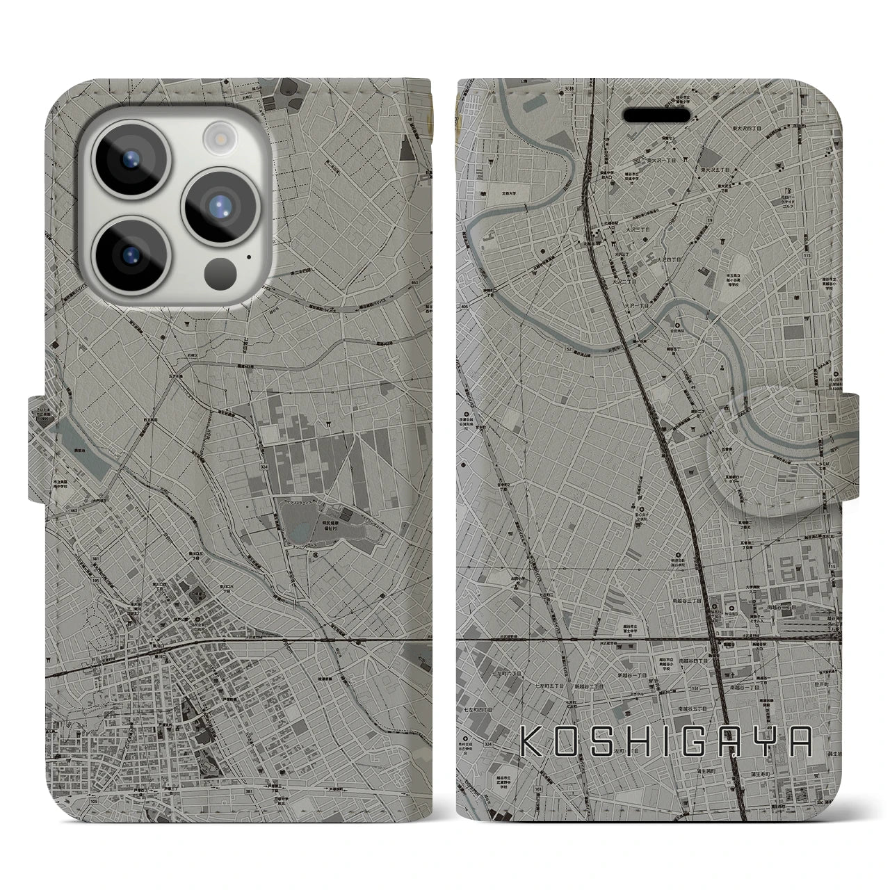 【越谷(埼玉県)】地図柄iPhoneケース(手帳タイプ)モノトーン・iPhone 15 Pro 用