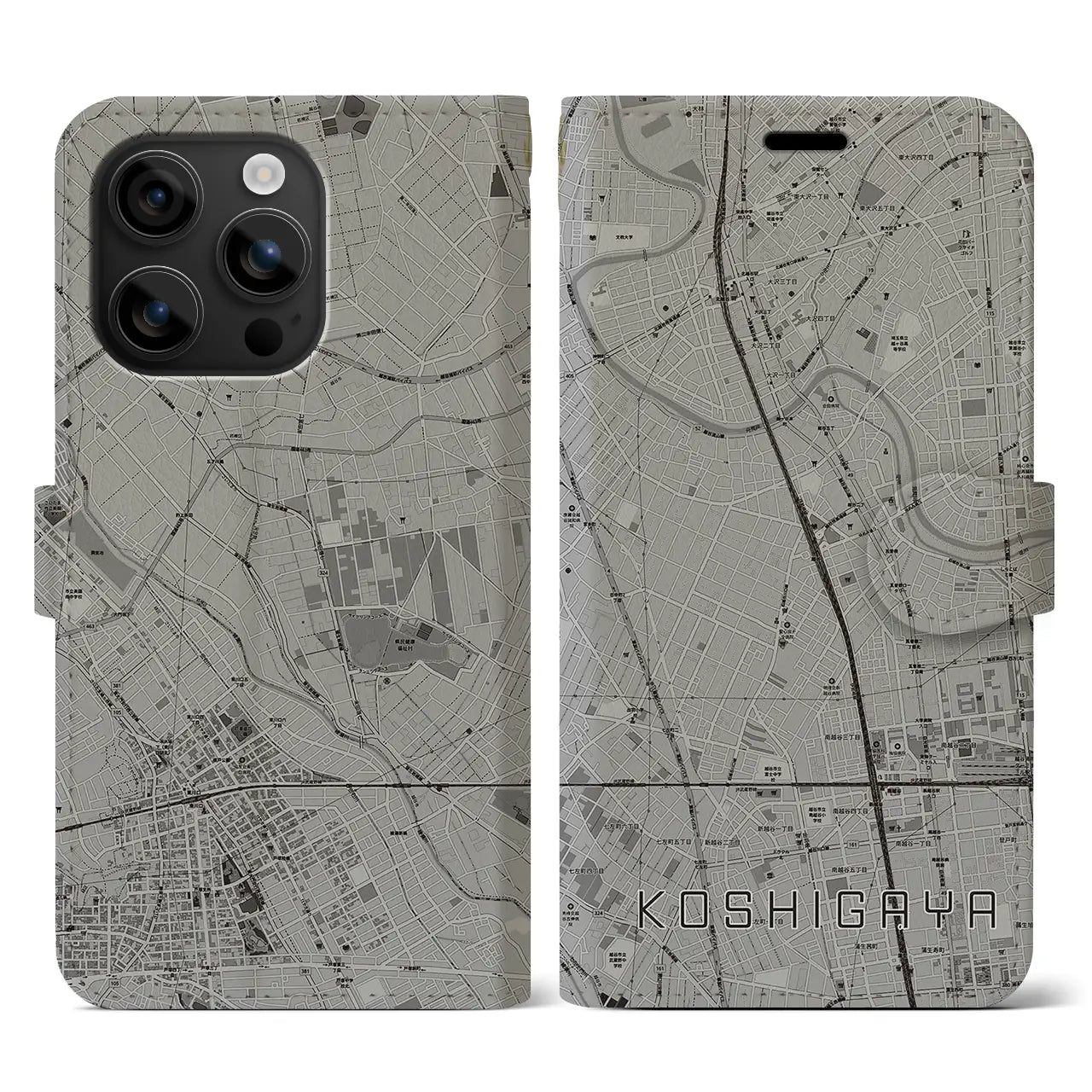 【越谷(埼玉県)】地図柄iPhoneケース(手帳タイプ)モノトーン・iPhone 16 用