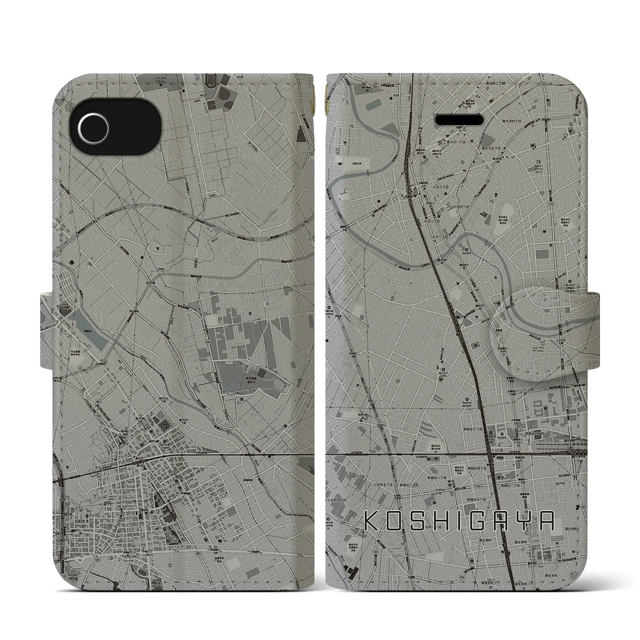 【越谷(埼玉県)】地図柄iPhoneケース(手帳タイプ)モノトーン・iPhone SE(第3 / 第2世代) / 8 / 7 / 6s / 6 用