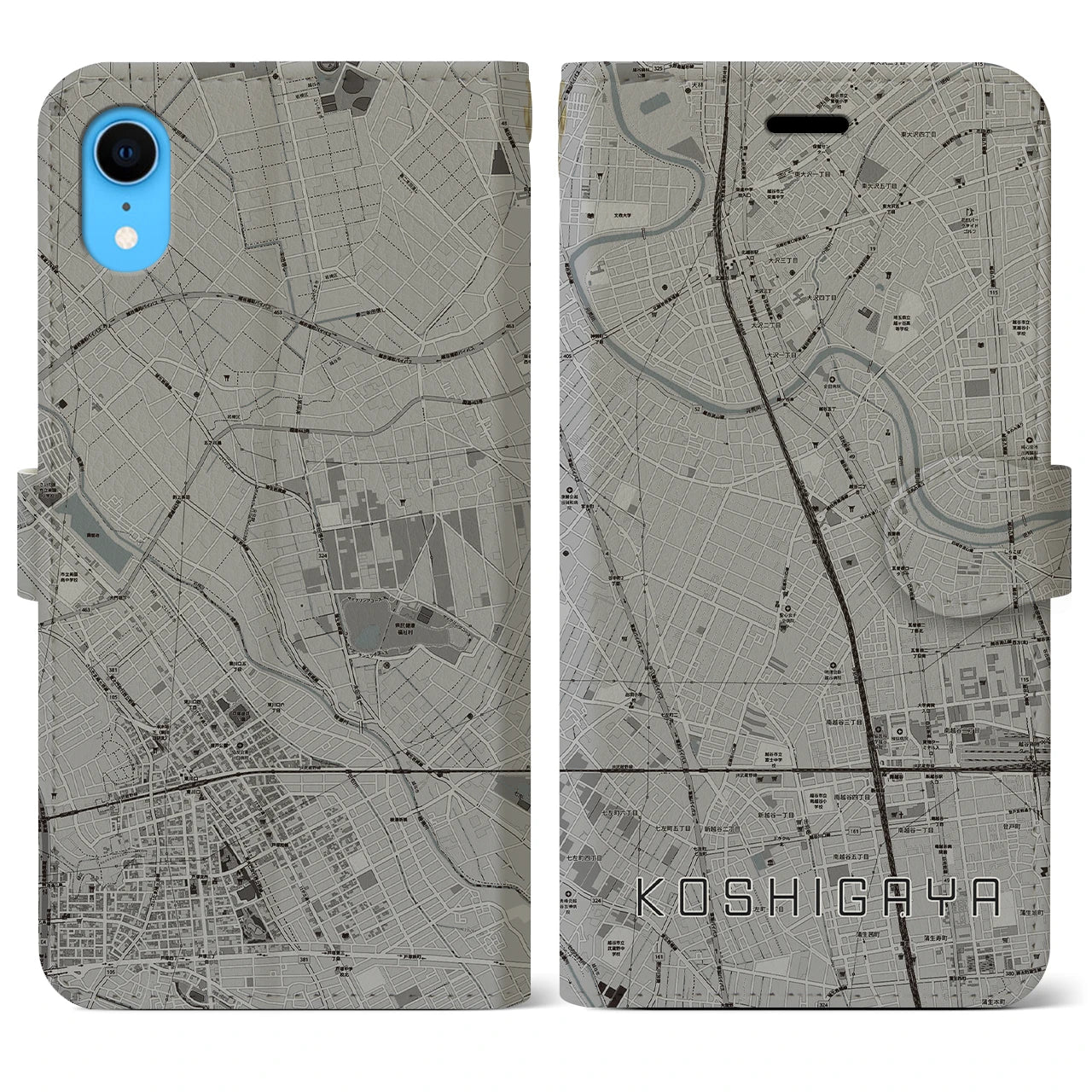 【越谷(埼玉県)】地図柄iPhoneケース(手帳タイプ)モノトーン・iPhone XR 用