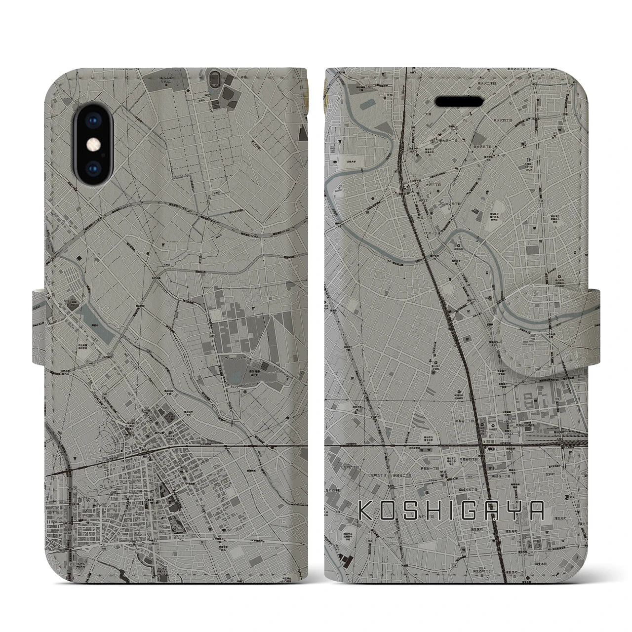 【越谷(埼玉県)】地図柄iPhoneケース(手帳タイプ)モノトーン・iPhone XS / X 用