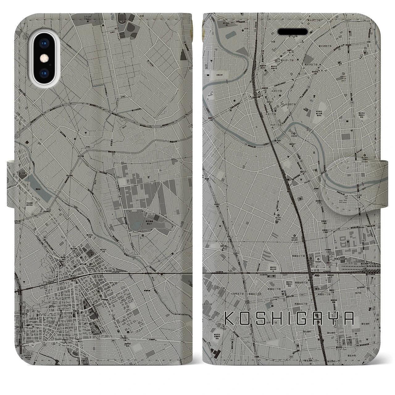 【越谷(埼玉県)】地図柄iPhoneケース(手帳タイプ)モノトーン・iPhone XS Max 用