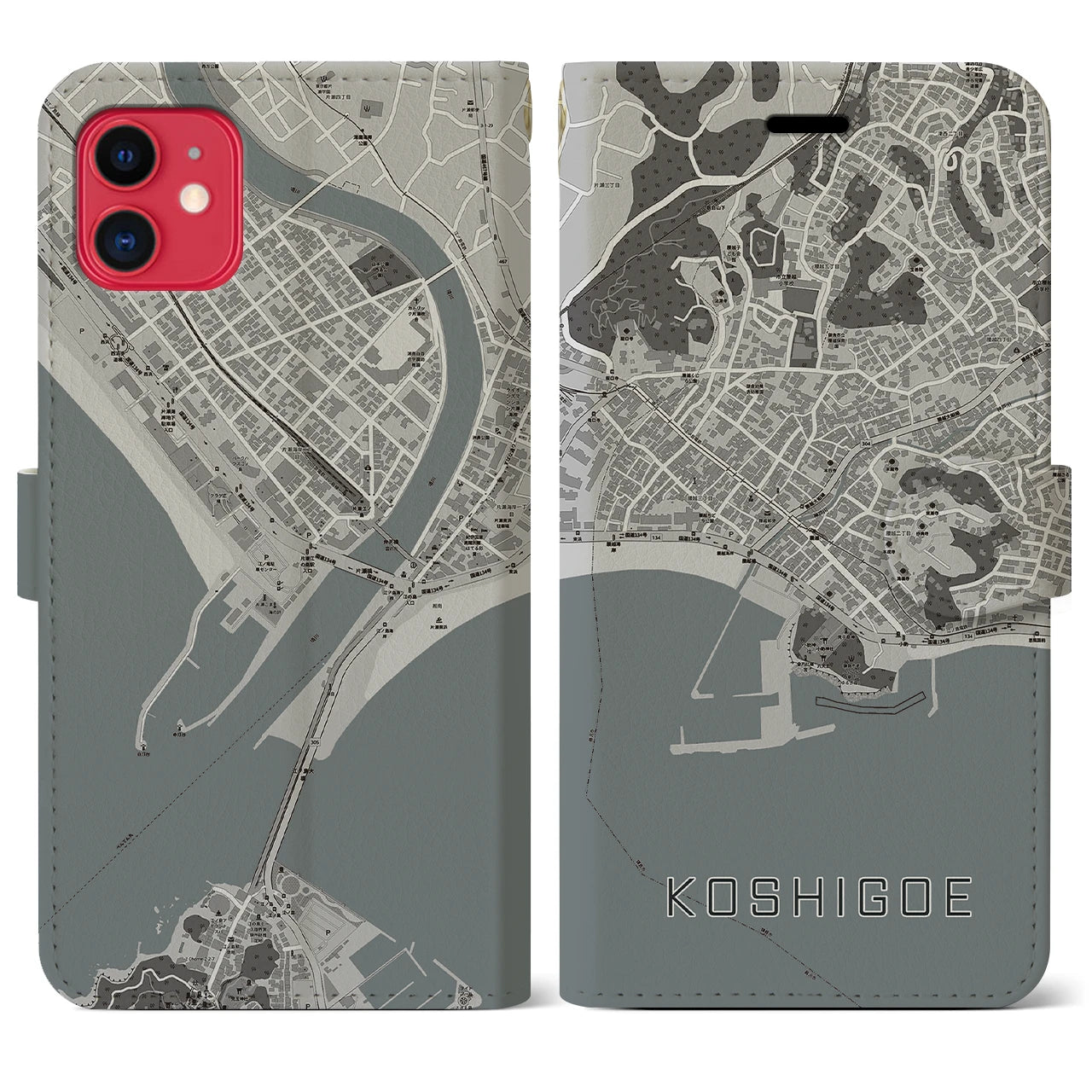 【腰越(神奈川県)】地図柄iPhoneケース(手帳タイプ)モノトーン・iPhone 11 用