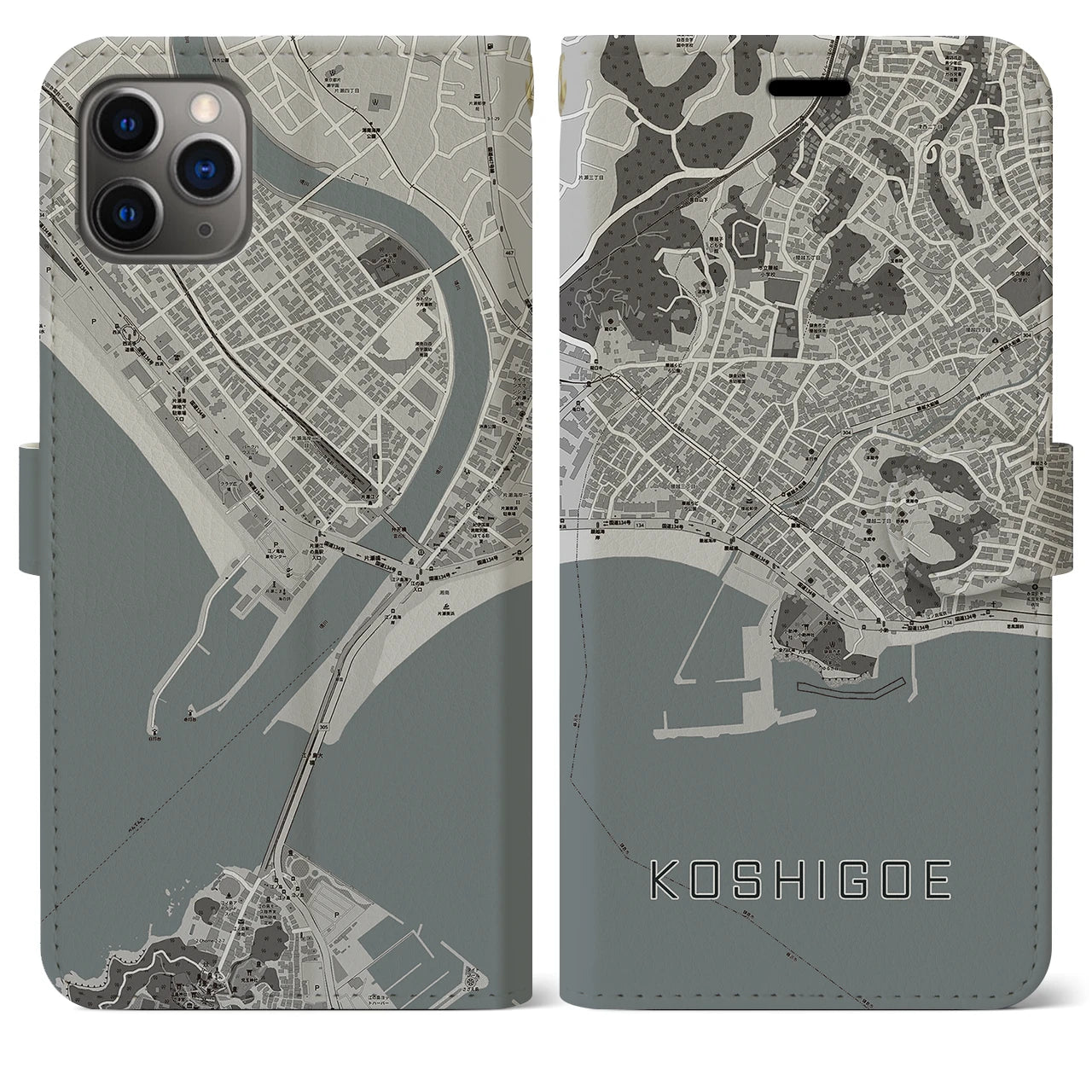【腰越(神奈川県)】地図柄iPhoneケース(手帳タイプ)モノトーン・iPhone 11 Pro Max 用