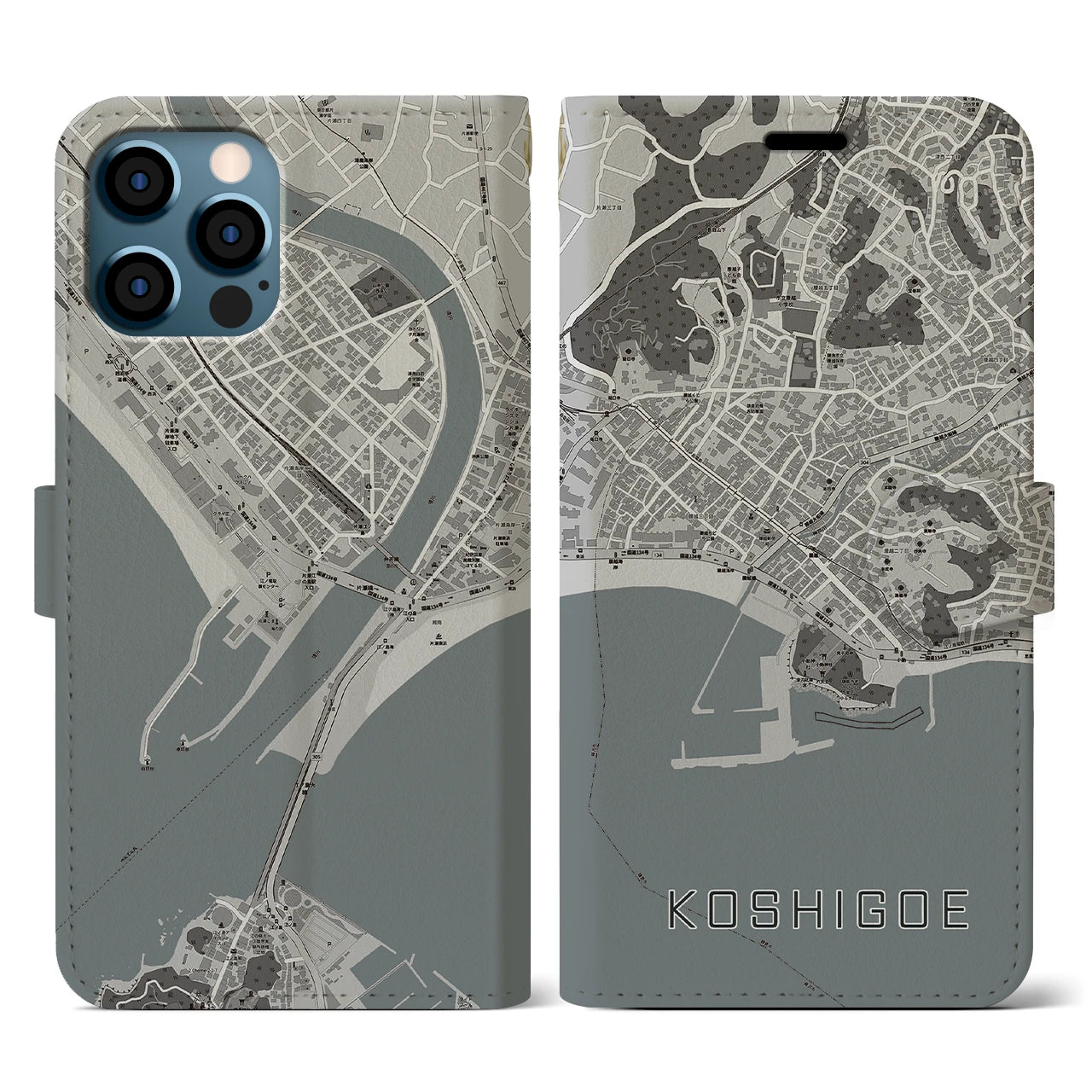 【腰越(神奈川県)】地図柄iPhoneケース(手帳タイプ)モノトーン・iPhone 12 / 12 Pro 用