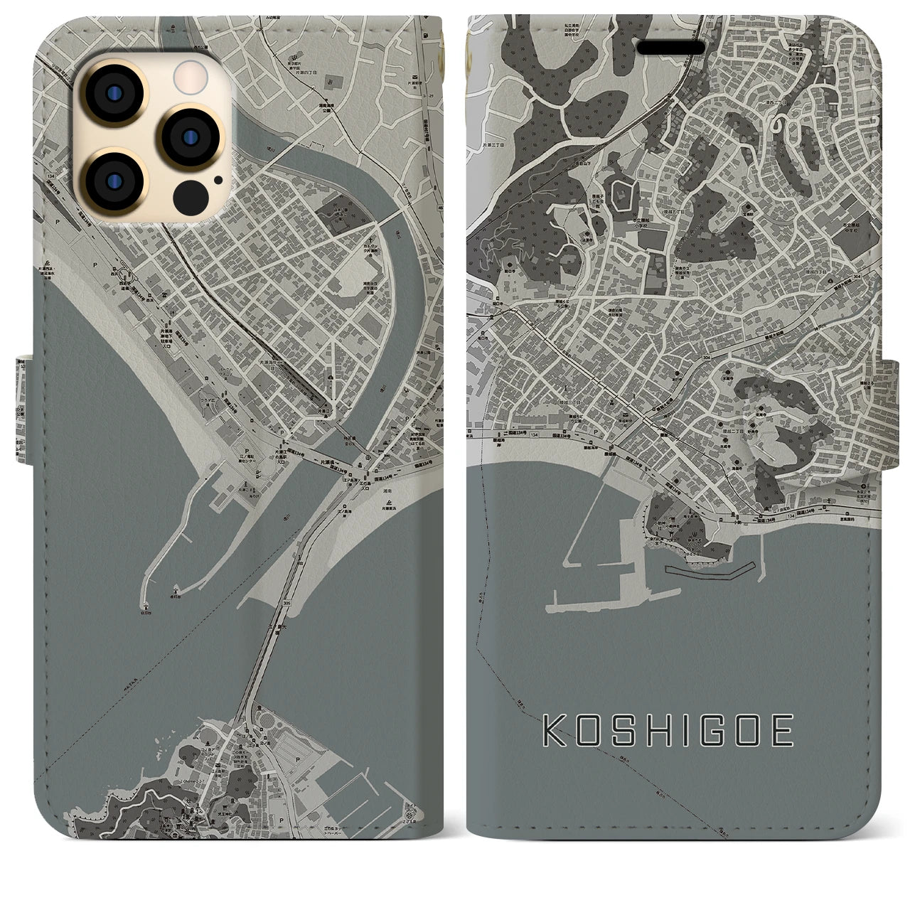 【腰越(神奈川県)】地図柄iPhoneケース(手帳タイプ)モノトーン・iPhone 12 Pro Max 用
