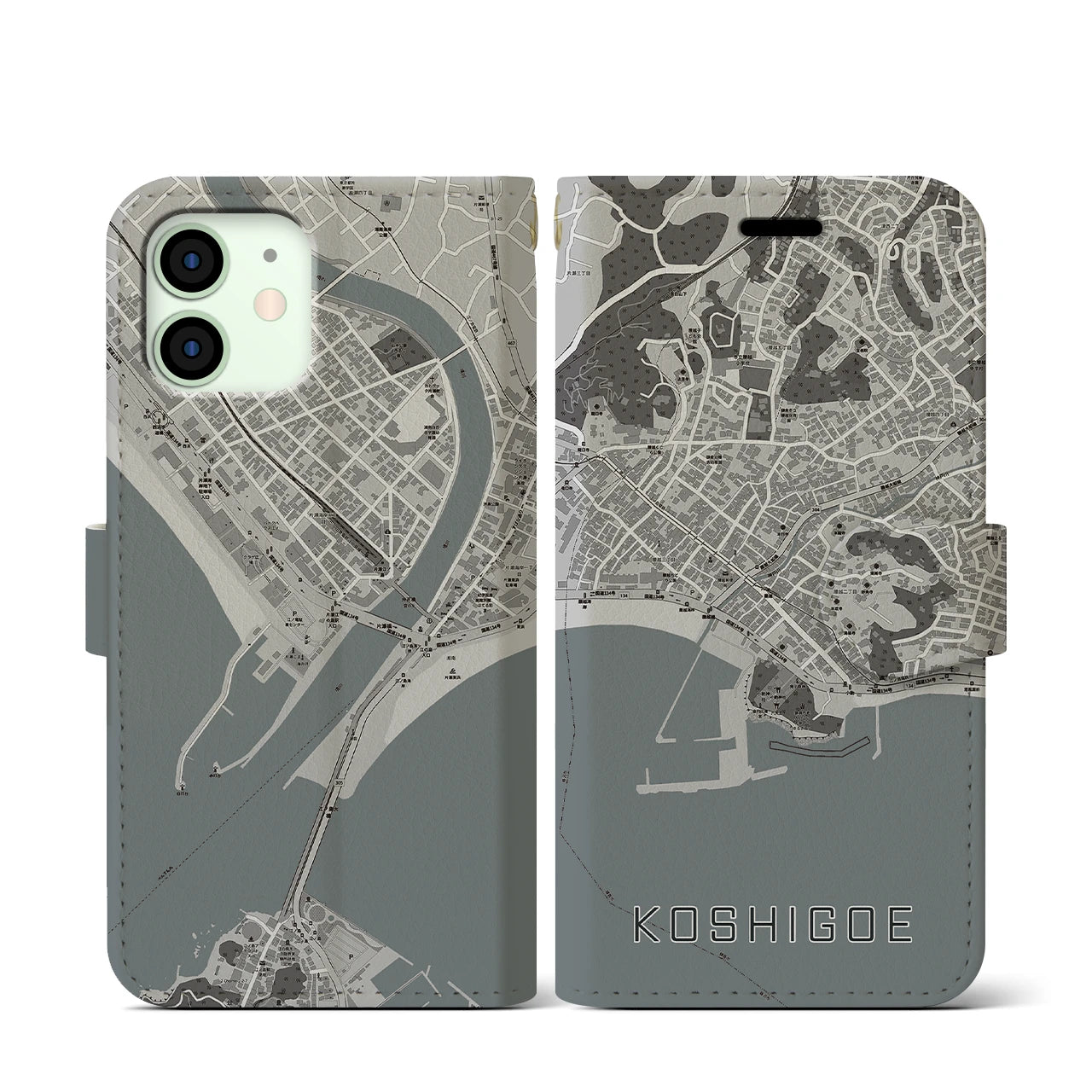 【腰越(神奈川県)】地図柄iPhoneケース(手帳タイプ)モノトーン・iPhone 12 mini 用