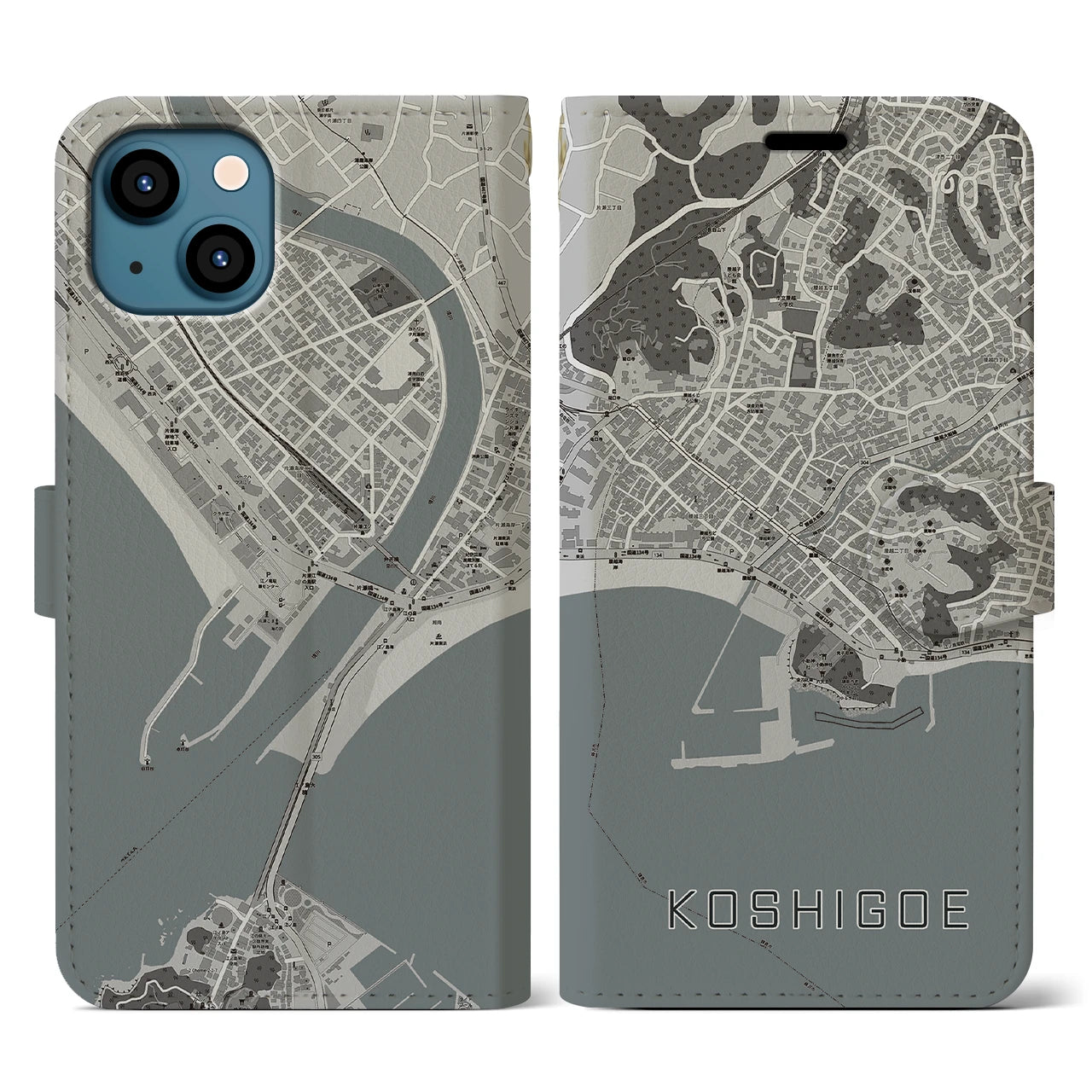 【腰越(神奈川県)】地図柄iPhoneケース(手帳タイプ)モノトーン・iPhone 13 用