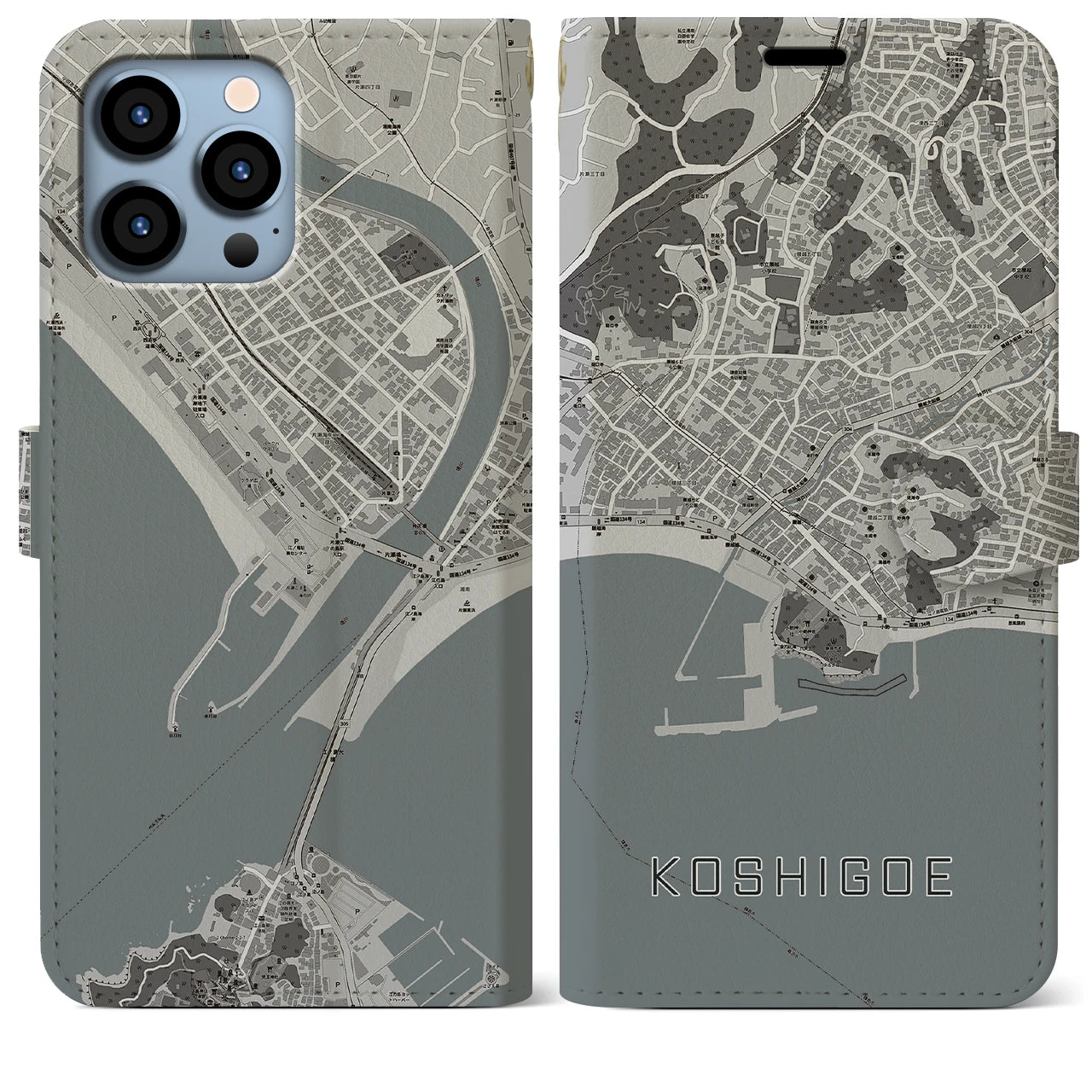 【腰越(神奈川県)】地図柄iPhoneケース(手帳タイプ)モノトーン・iPhone 13 Pro Max 用