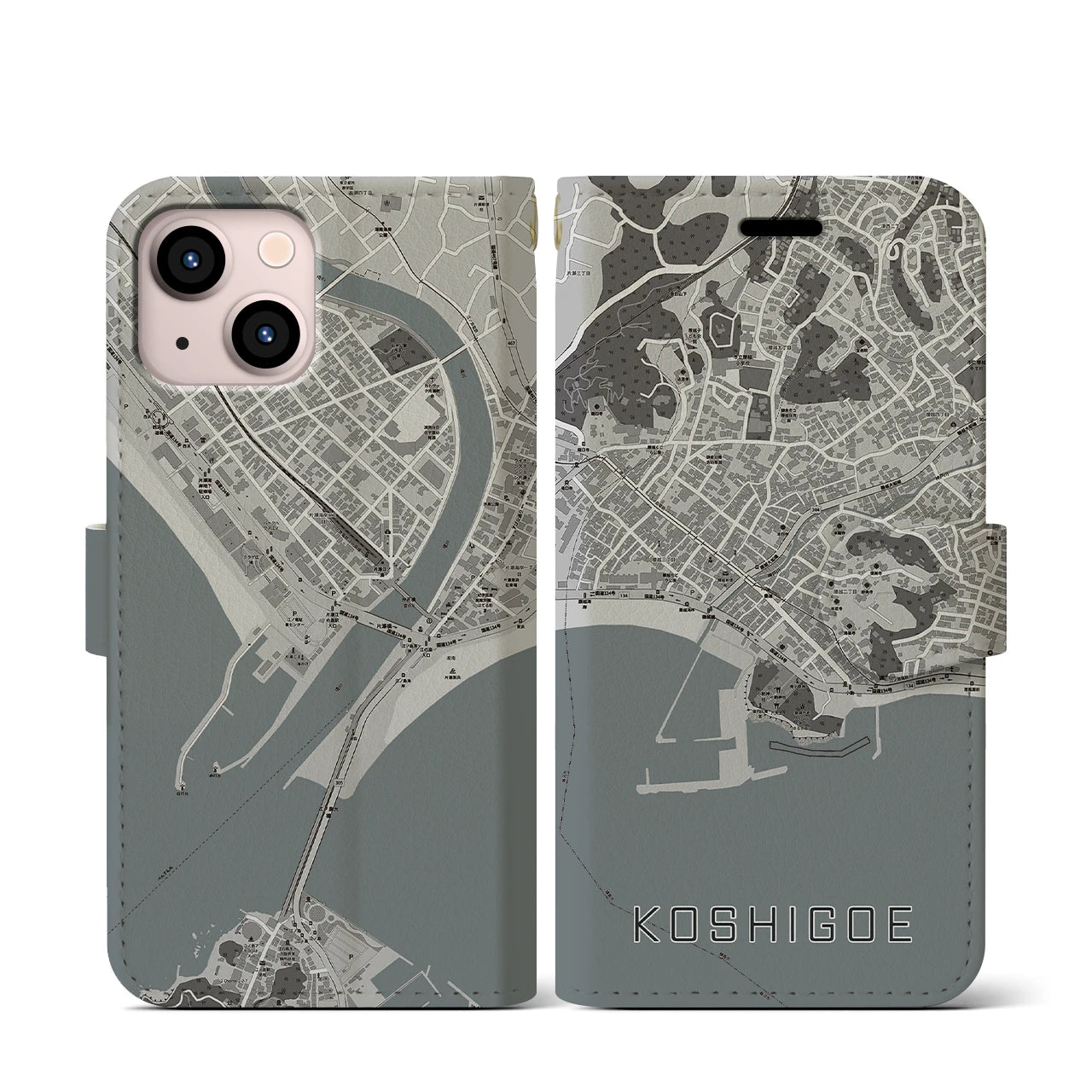【腰越(神奈川県)】地図柄iPhoneケース(手帳タイプ)モノトーン・iPhone 13 mini 用