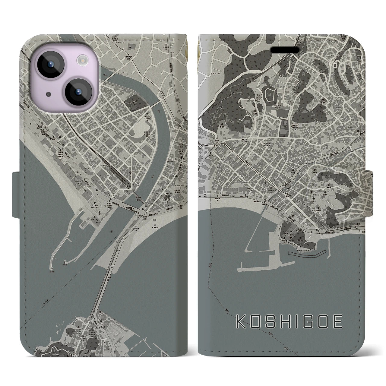 【腰越(神奈川県)】地図柄iPhoneケース(手帳タイプ)モノトーン・iPhone 14 用