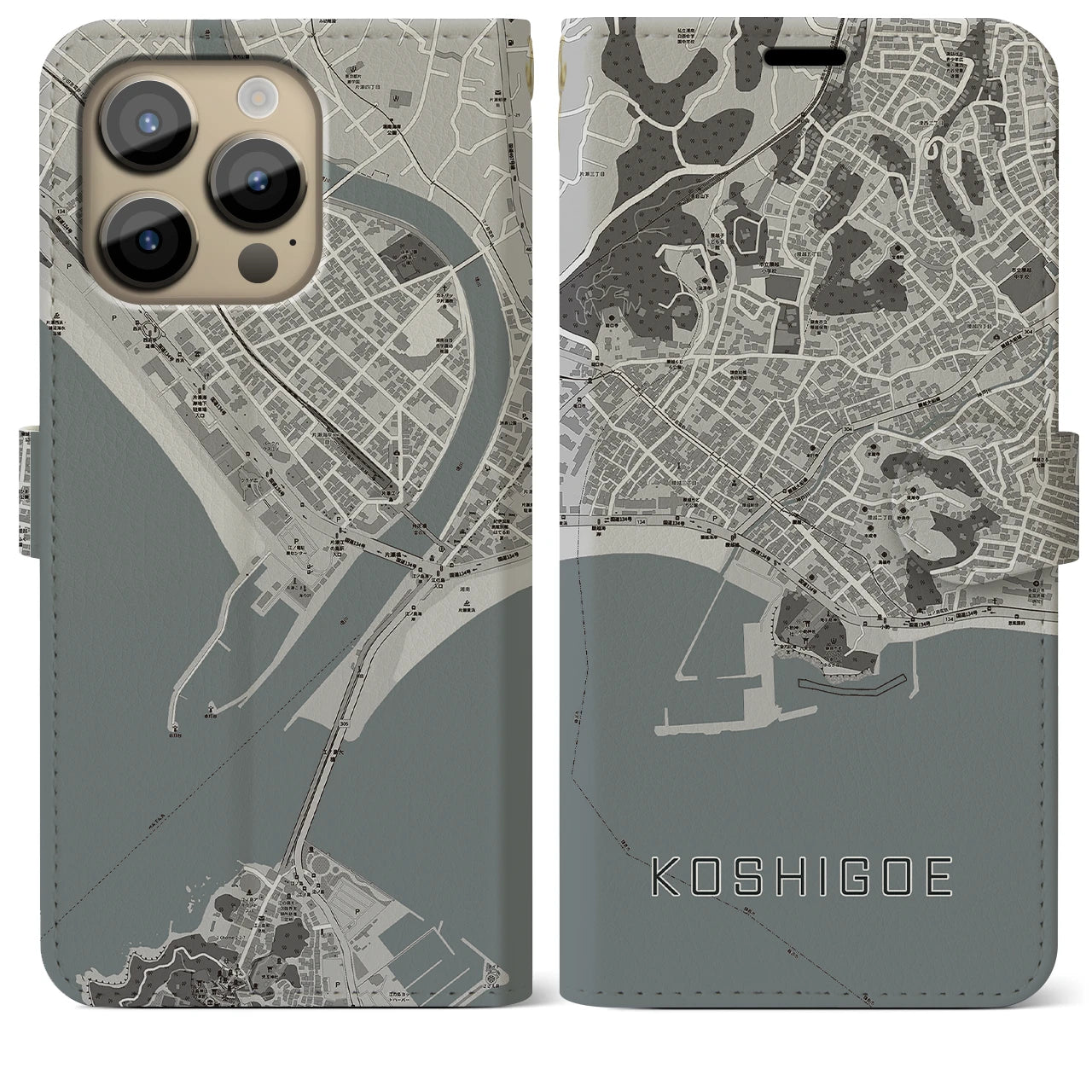 【腰越(神奈川県)】地図柄iPhoneケース(手帳タイプ)モノトーン・iPhone 14 Pro Max 用