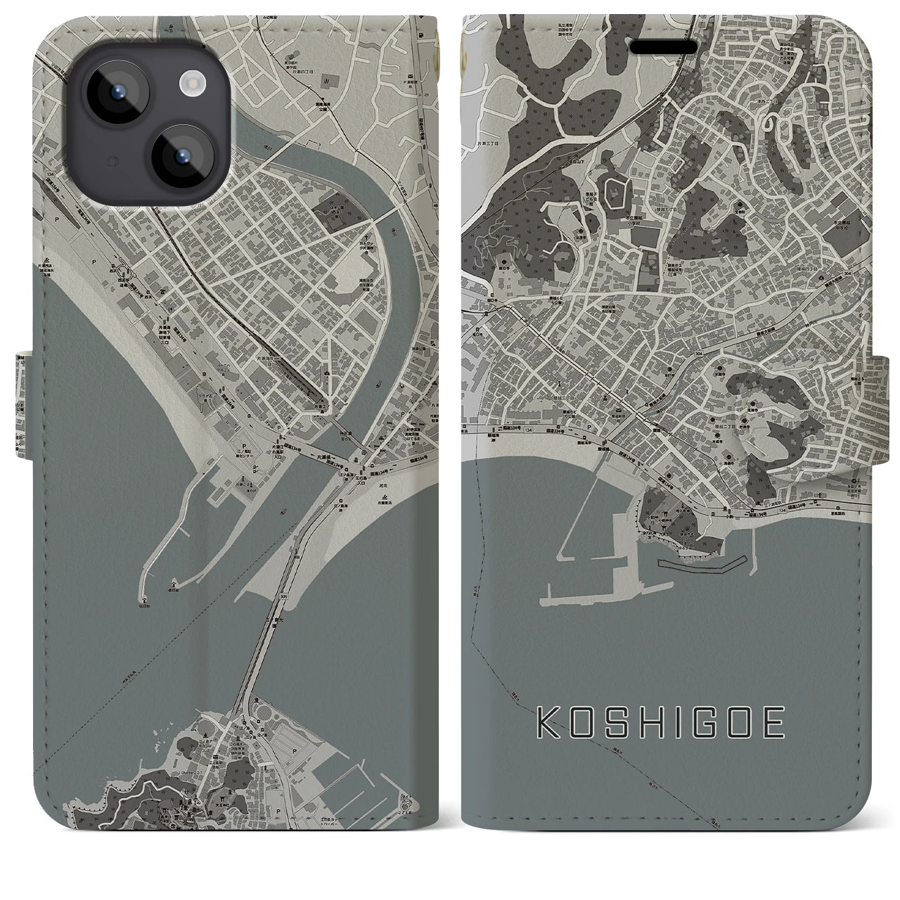【腰越(神奈川県)】地図柄iPhoneケース(手帳タイプ)モノトーン・iPhone 14 Plus 用